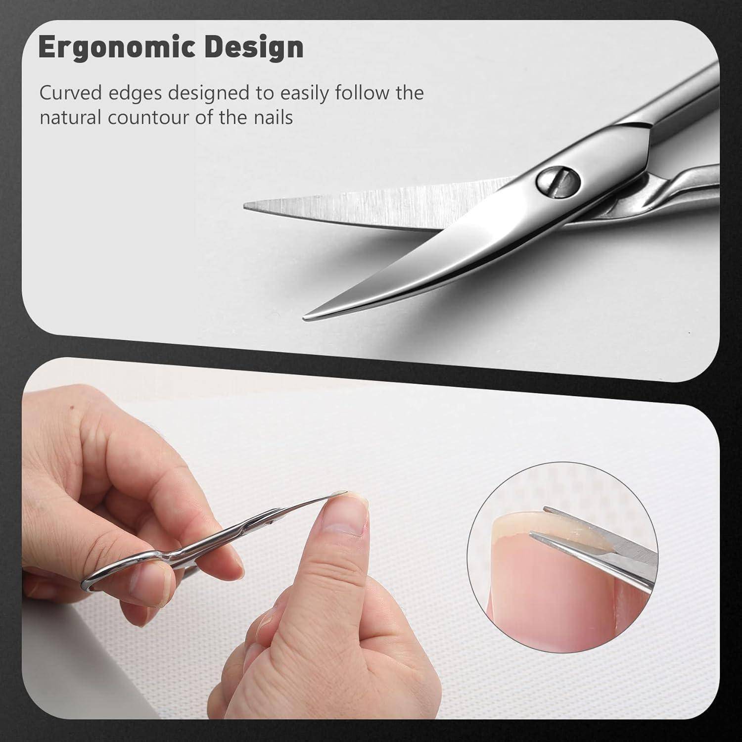 Nagelschere mit gekrümmten Kanten zum Nagelschneiden. Detailaufnahmen zeigen die Verwendung an einem Fingernagel. Text: „Ergonomisches Design
