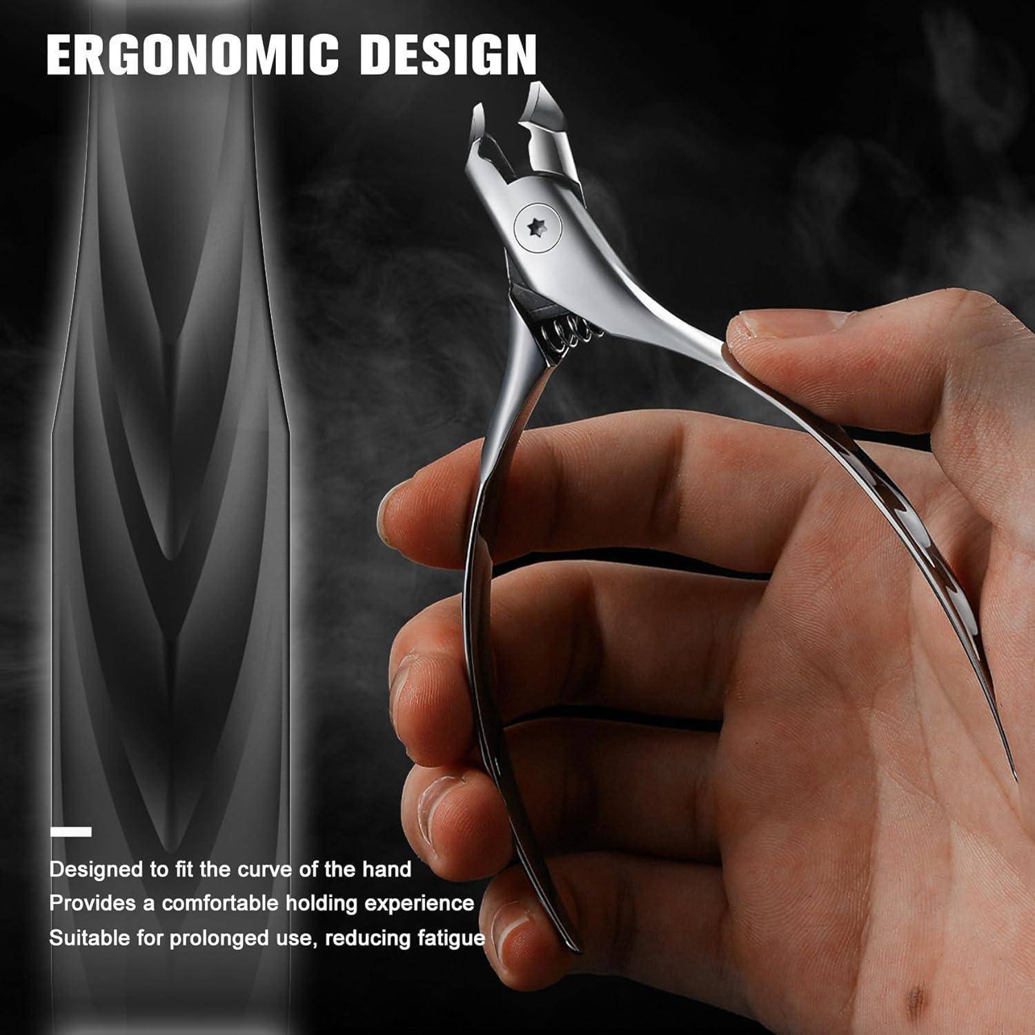 Eine Hand hält ergonomische Nagelscheren, die der Handkurve angepasst sind und so Komfort steigern und Ermüdung bei längerer Verwendung reduzieren.