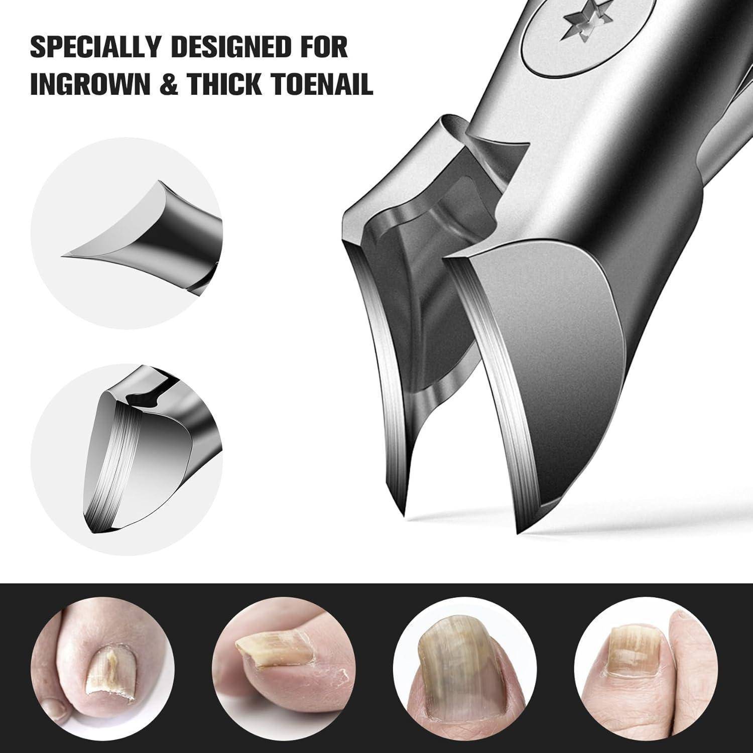 Nagelknipser für dicke und eingewachsene Nägel mit einer Nahaufnahme der gebogenen Klinge. Bilder zeigen verschiedene Nagelzustände.