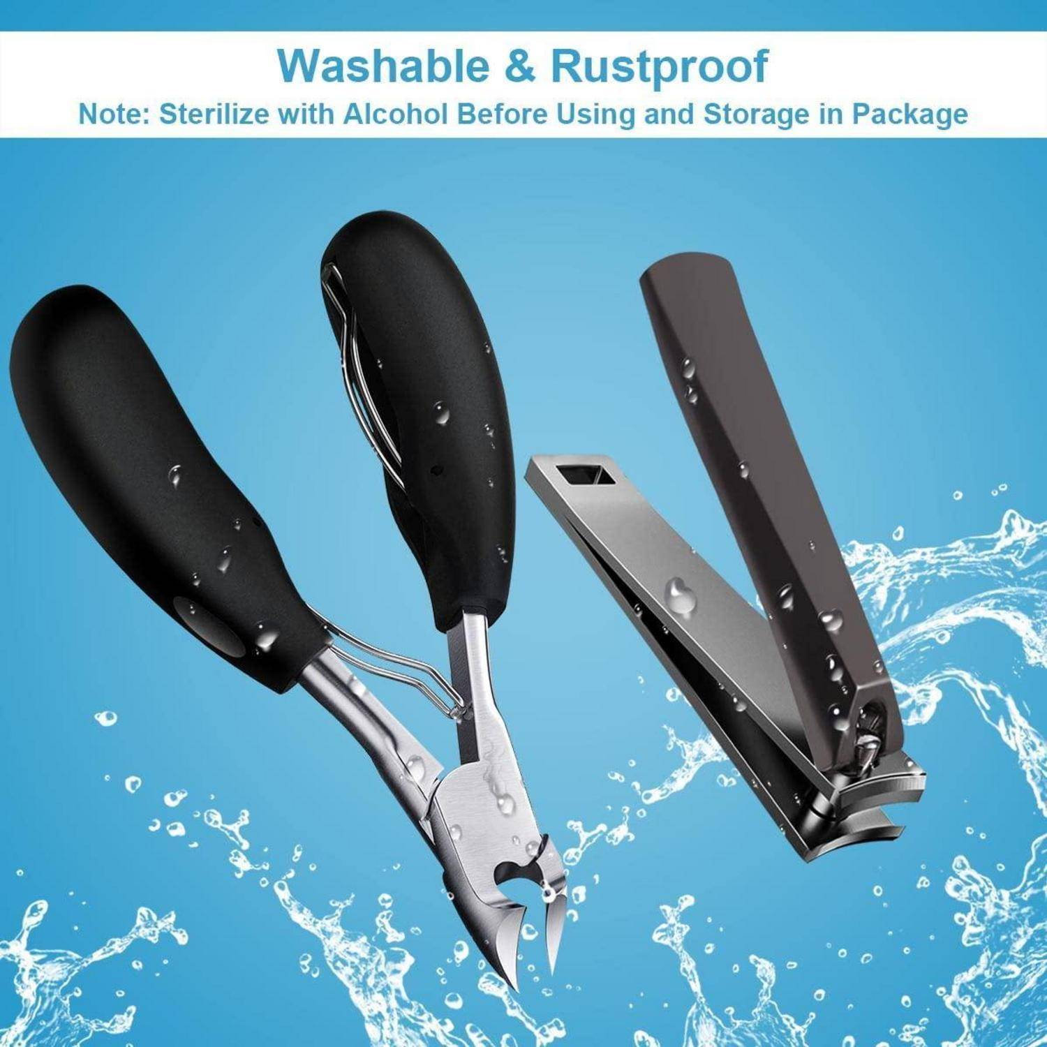 Nagelpflegewerkzeuge einschließlich robuster Nagelscheren und Nagelhautzangen mit ergonomischen Griffen und rostfreier Oberfläche. Blauer Hintergrund mit Wasserspitzen.