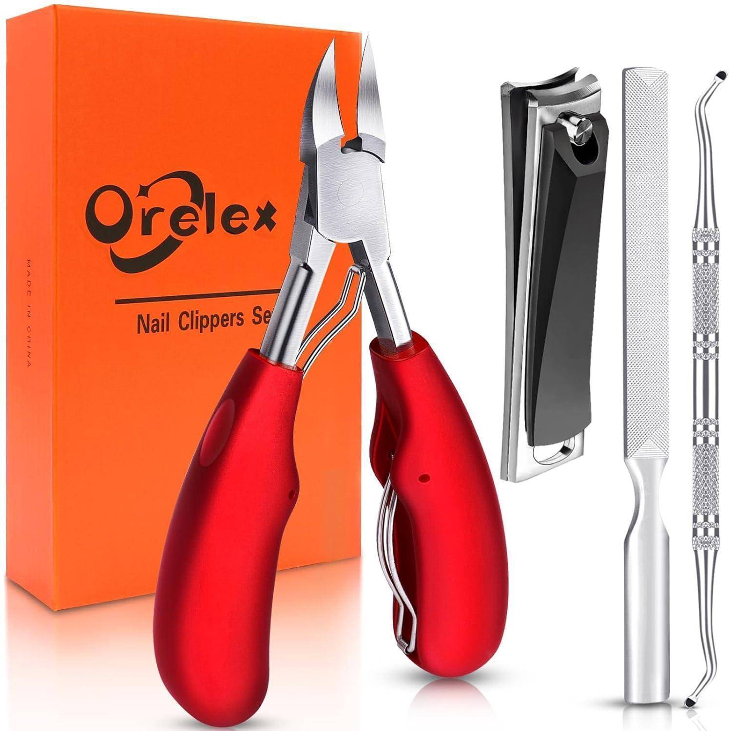 Nagelpflegeset umfasst ein Paar Zangen mit roten Griffen, eine Nagelschere, eine doppelseitige Nagelfeile und einen Nagelhautschieber, verpackt in einer orangefarbenen Verpackung.