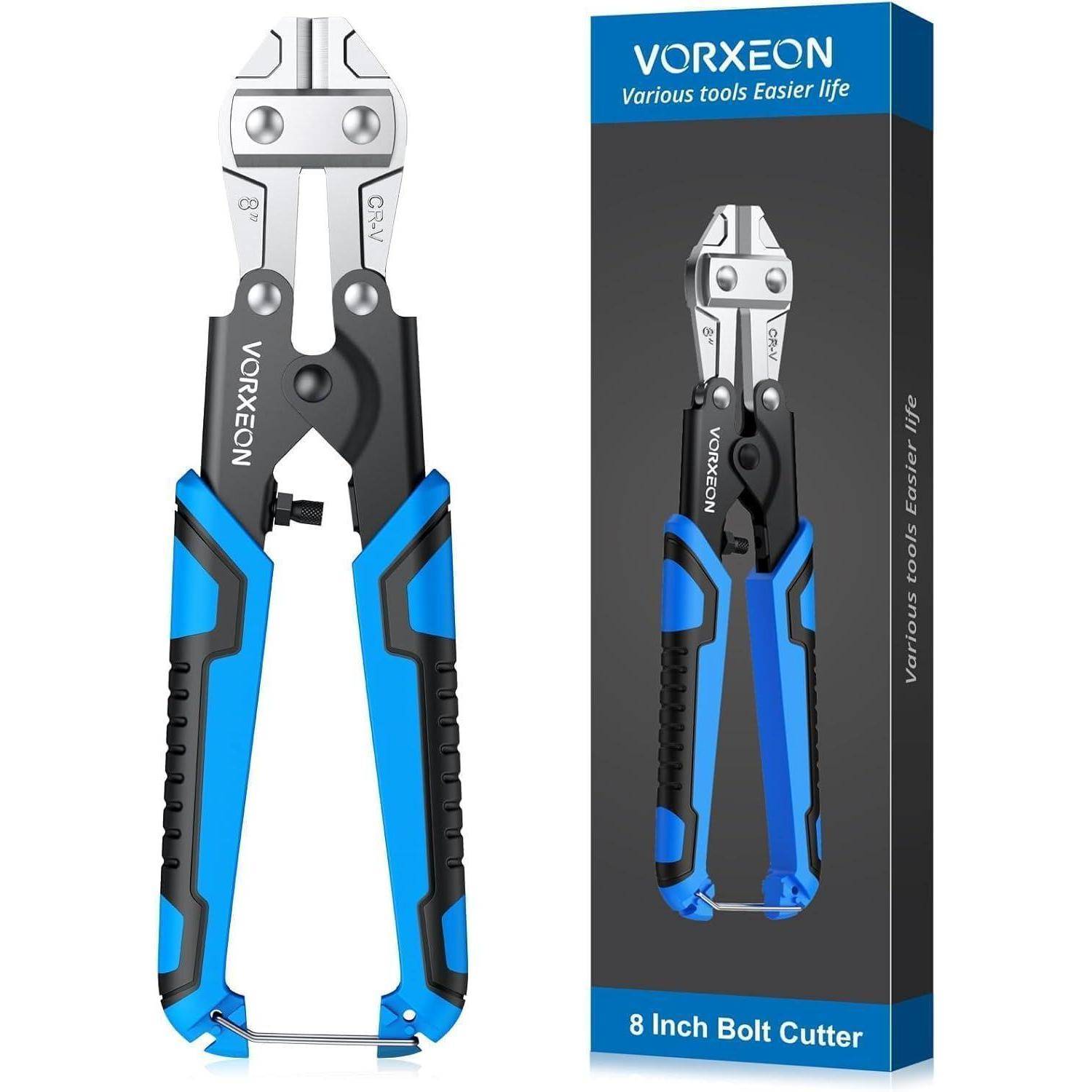Blauer 8-Zoll-Bolzenschneider mit ergonomischen Griffen neben passender Markierungsverpackung, beschriftet mit 'VORXEON Verschiedene Werkzeuge Einfacheres Leben'.