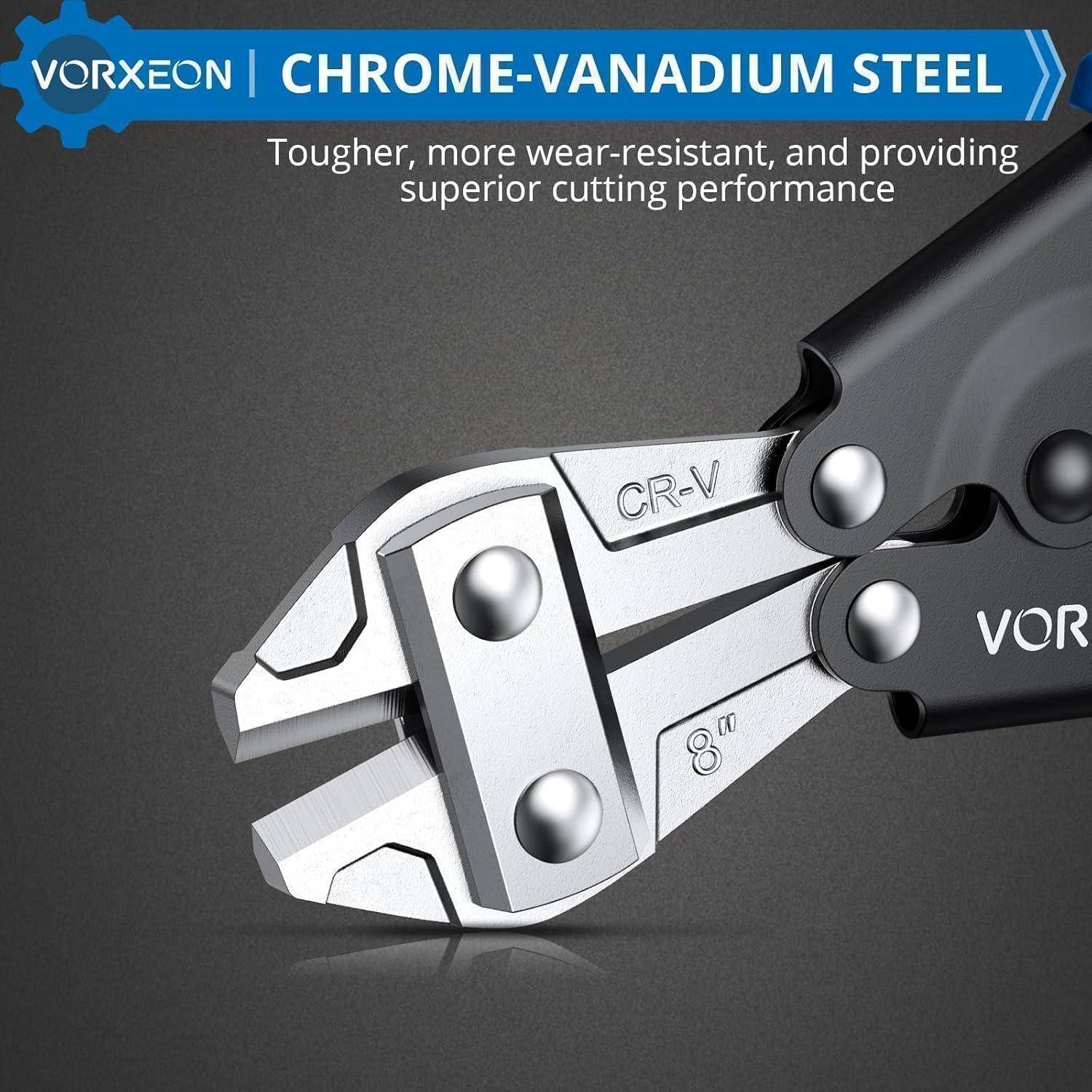 Zangen aus Chrom-Vanadium-Stahl, mit der Aufschrift 'CR-V', die die Haltbarkeit und überlegene Schneidleistung der Marke Vorxeon hervorheben.