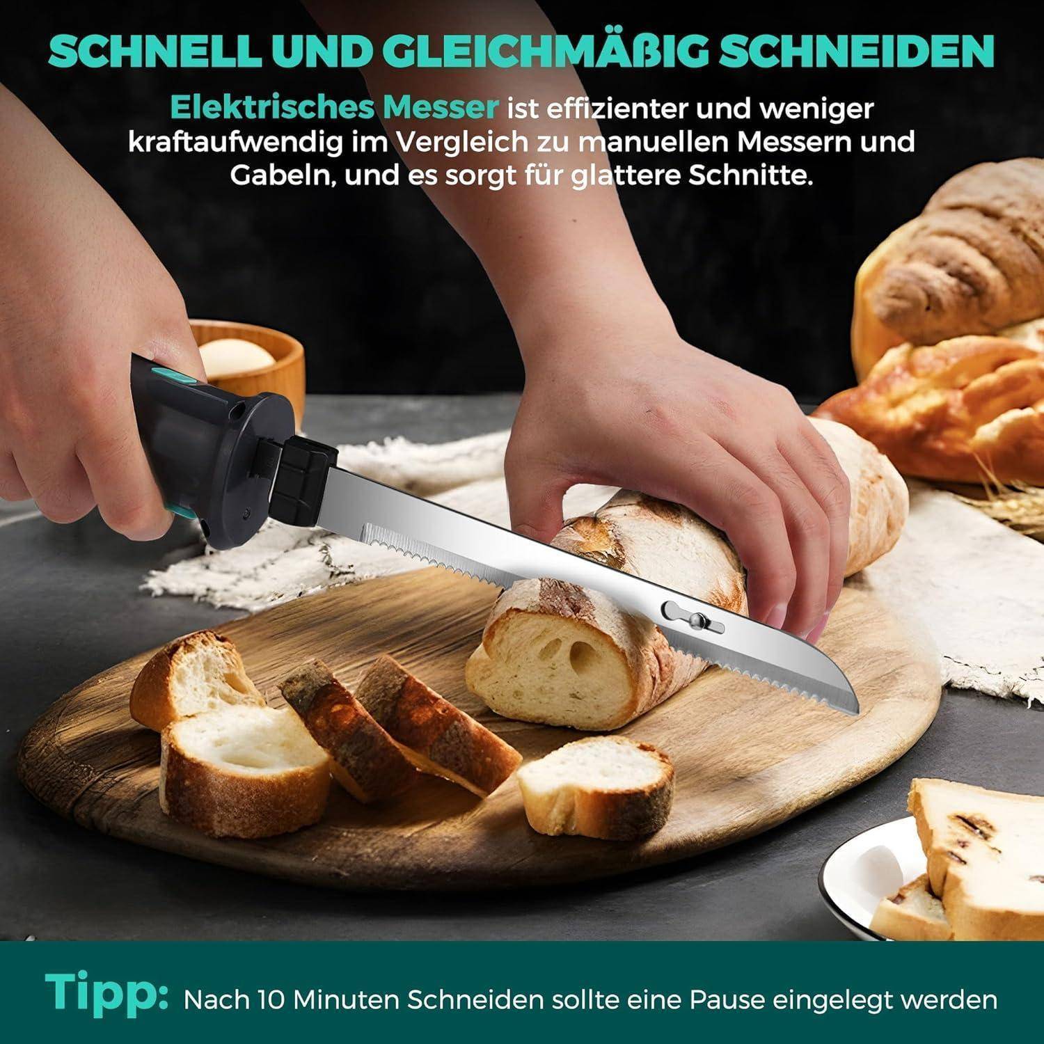 Person beim Schneiden von Brot mit einem elektrischen Messer. Der Text hebt die Effizienz von elektrischen Messern im Vergleich zu manuellen Messern hervor.