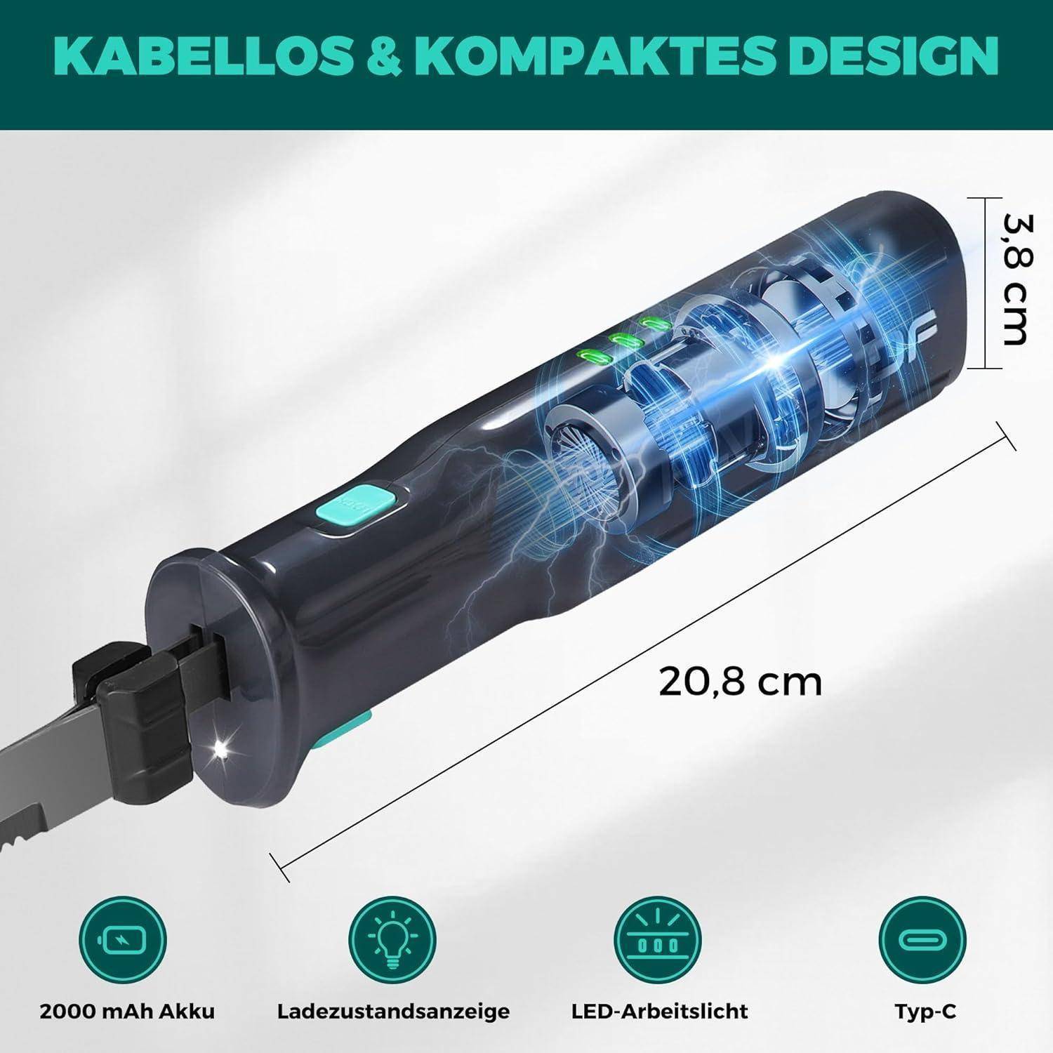 Kabellose Kompaktbauweise mit einer Länge von 20,8 cm und einem Durchmesser von 3,8 cm. Enthält einen 2000-mAh-Akku, Ladestandsanzeige, LED-Licht und einen USB-C-Anschluss.
