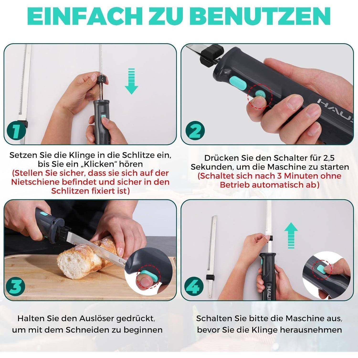 Bild mit dem Titel 'EINFACH ZU BENUTZEN' zeigt Schritte zur Verwendung eines elektrischen Brotmessers. Beinhaltet das Einsetzen der Klinge, Einschalten, Brotschneiden und Ausschalten.