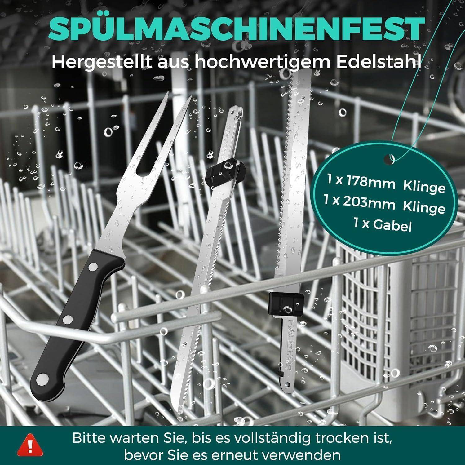 Ein Geschirrspüler-Rack enthält Küchenutensilien aus Edelstahl: ein 178-mm-Messer, ein 203-mm-Messer und eine Gabel. Der Text besagt, dass sie spülmaschinengeeignet sind.