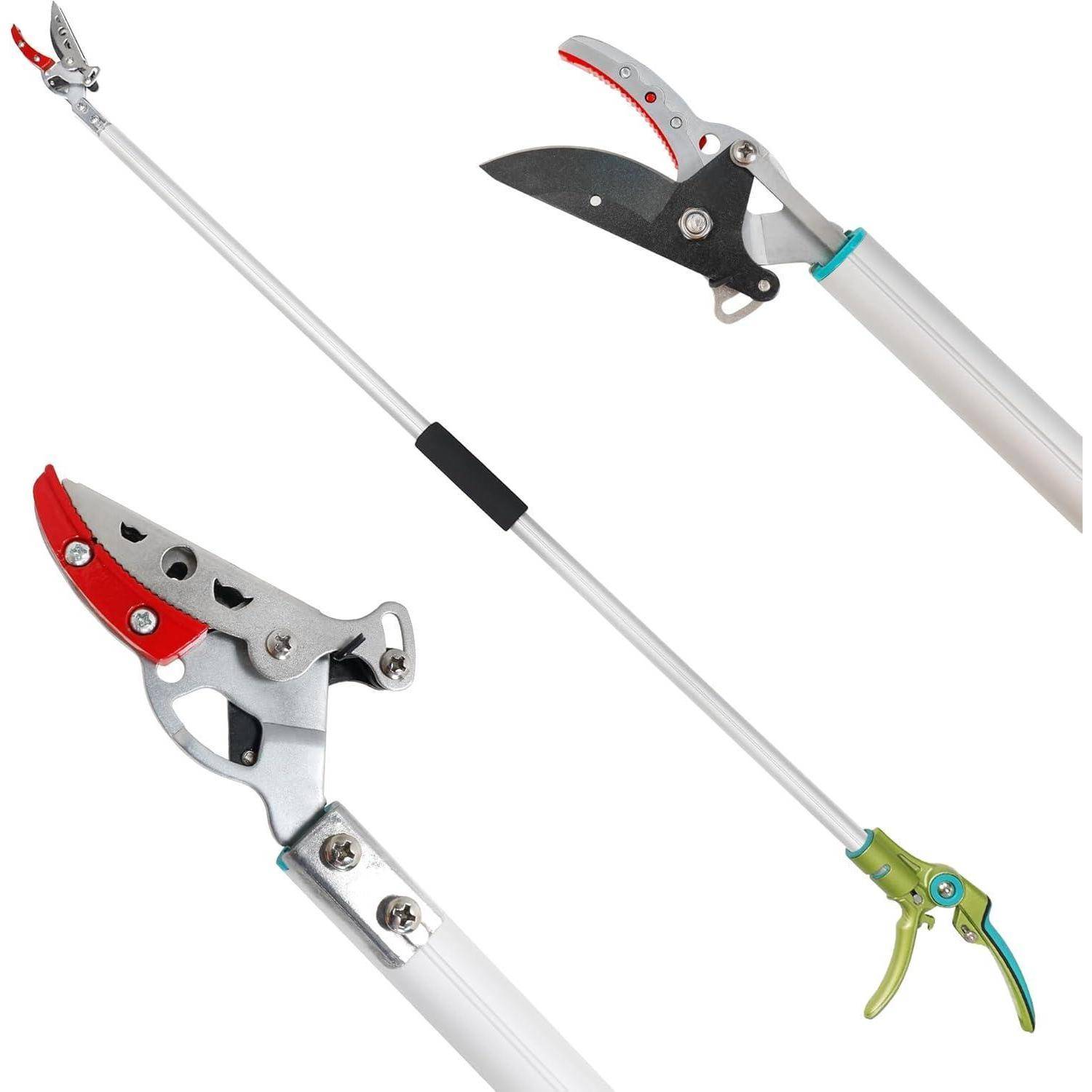 Langarmiger manueller Astschneider mit ergonomischem Griff und scharfer Schneidklinge, entwickelt zum Beschneiden hoher Äste ohne Leiter.