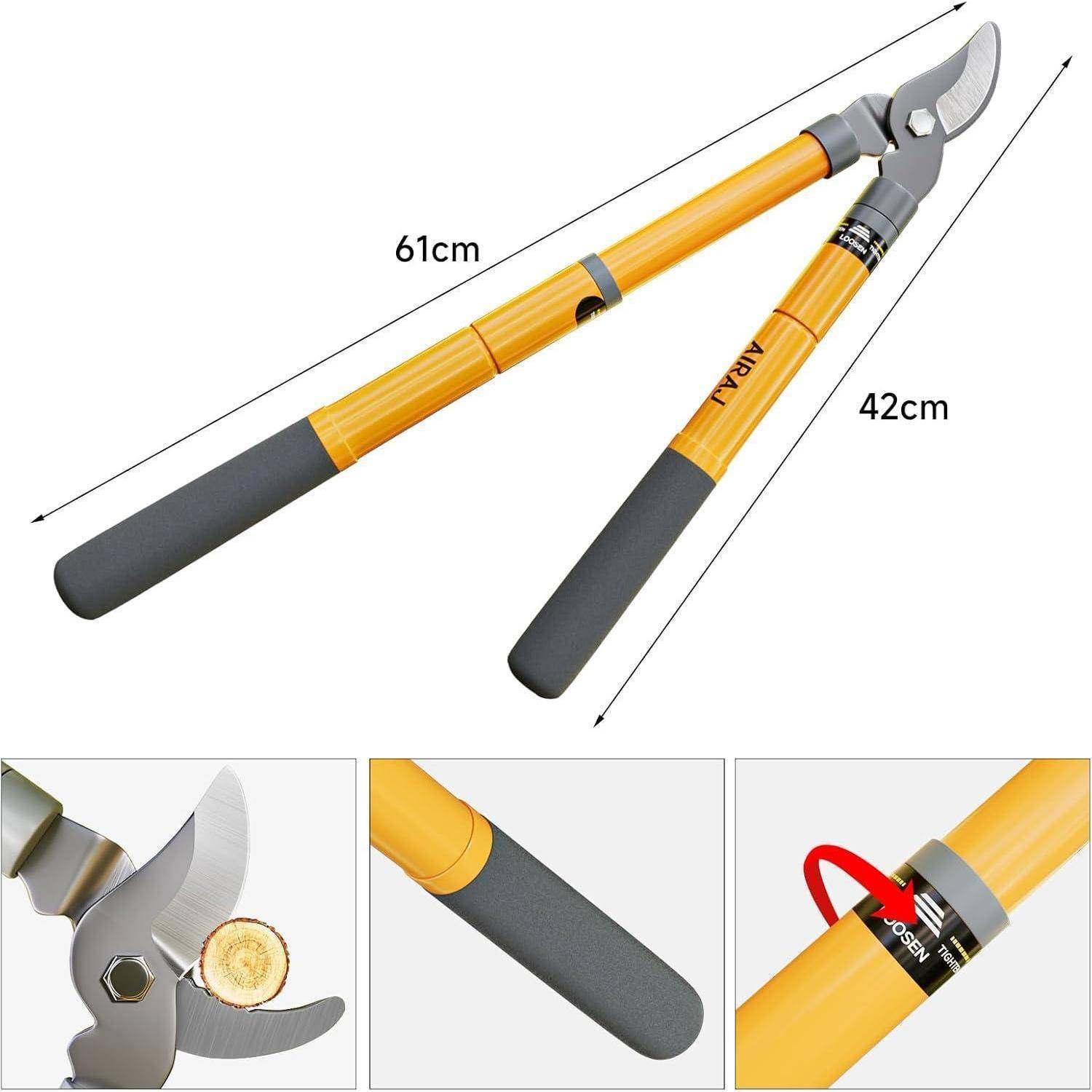 Gartenschere mit einer Gesamtlänge von 61 cm und einem 42 cm langen Griff, ausgestattet mit scharfen Klingen und ergonomischen Griffen, entwickelt zum Schneiden von Ästen.