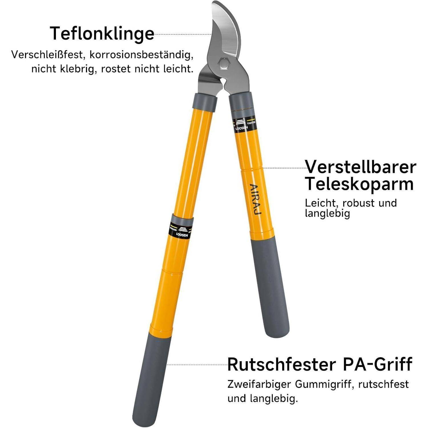 Astschere mit Teflon-Klinge, verstellbarem Teleskoparm und rutschfestem PA-Griff. Langlebig, korrosionsbeständig und leicht.