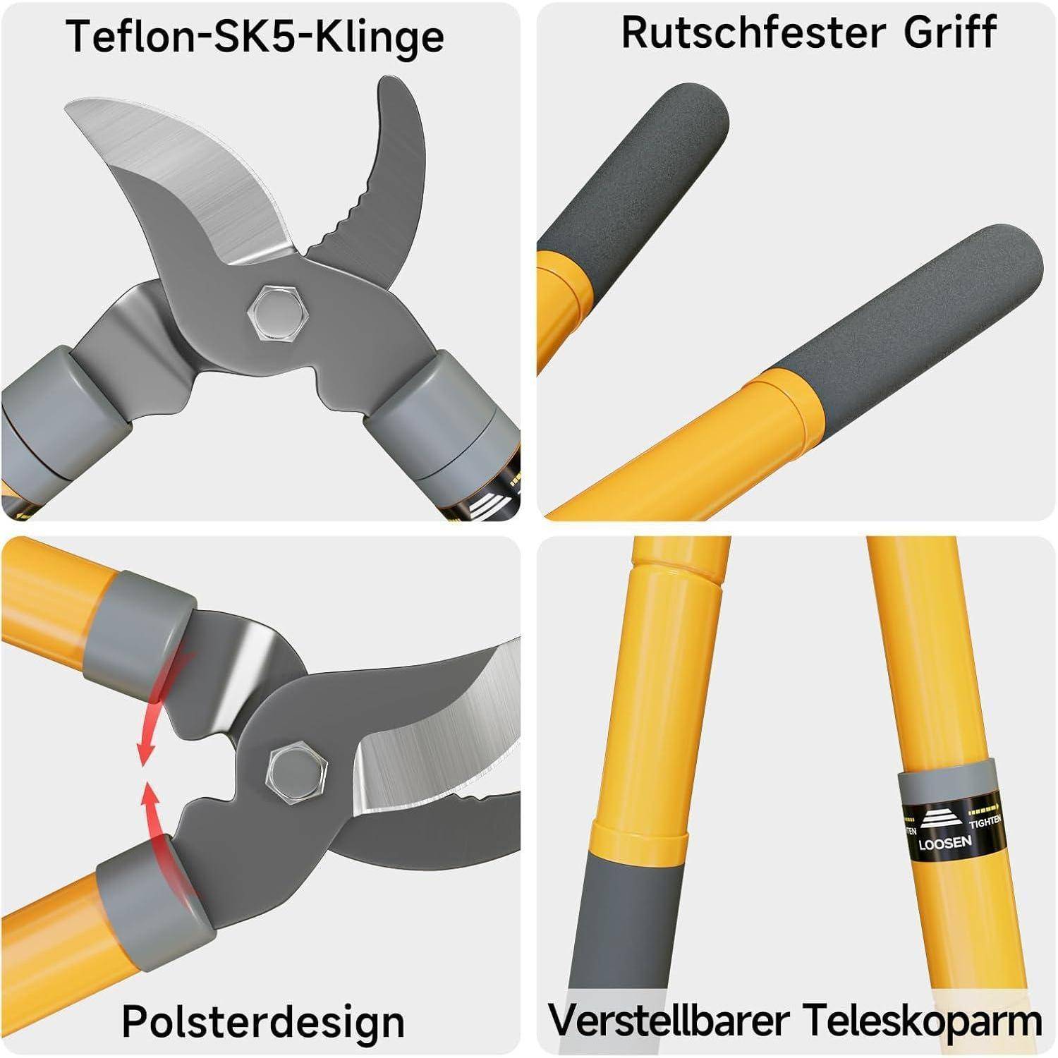 Beschneidewerkzeug-Eigenschaften: SK5-Klinge mit Teflonbeschichtung, rutschfester Griff, dämpfendes Design und verstellbarer Teleskop-Arm für verbesserte Gartenarbeit.