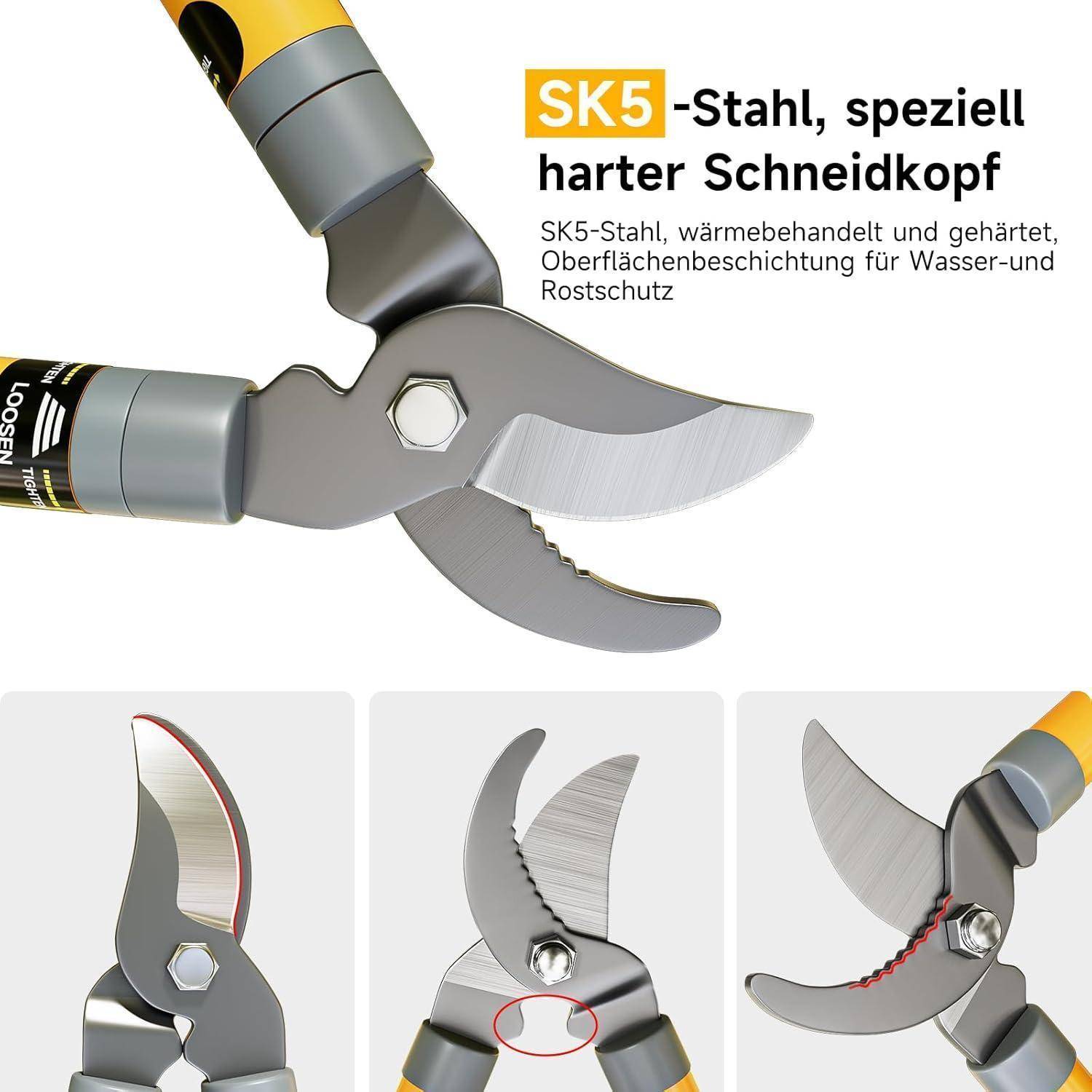 Gartenscheren mit einem gelben Griff werden beschrieben. Zu den Merkmalen gehören SK5-Stahl, gehärtet für Wasser- und Rostschutz, und eine gekrümmte Klinge.