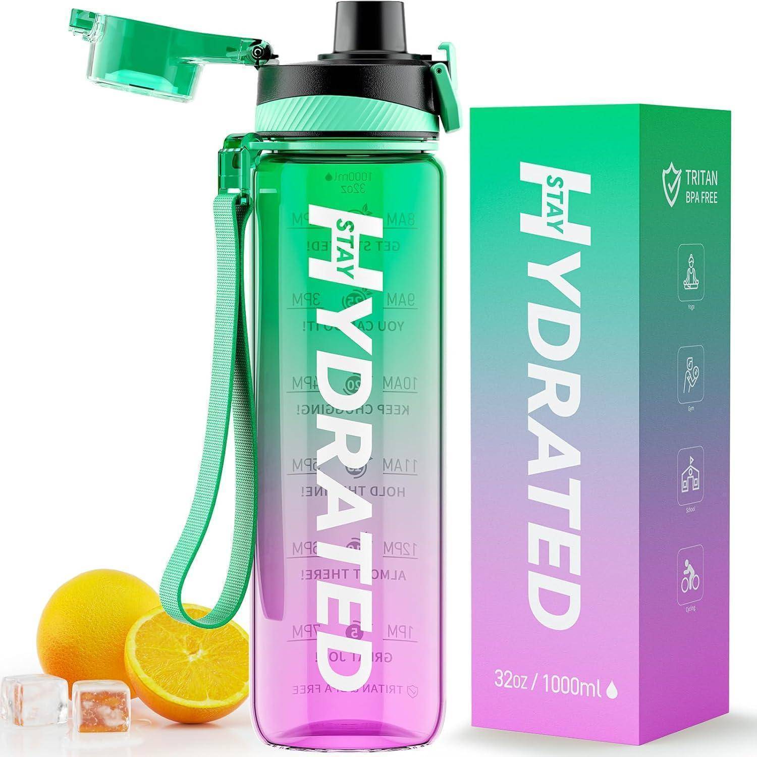 Eine bunte Wasserflasche mit der Aufschrift 