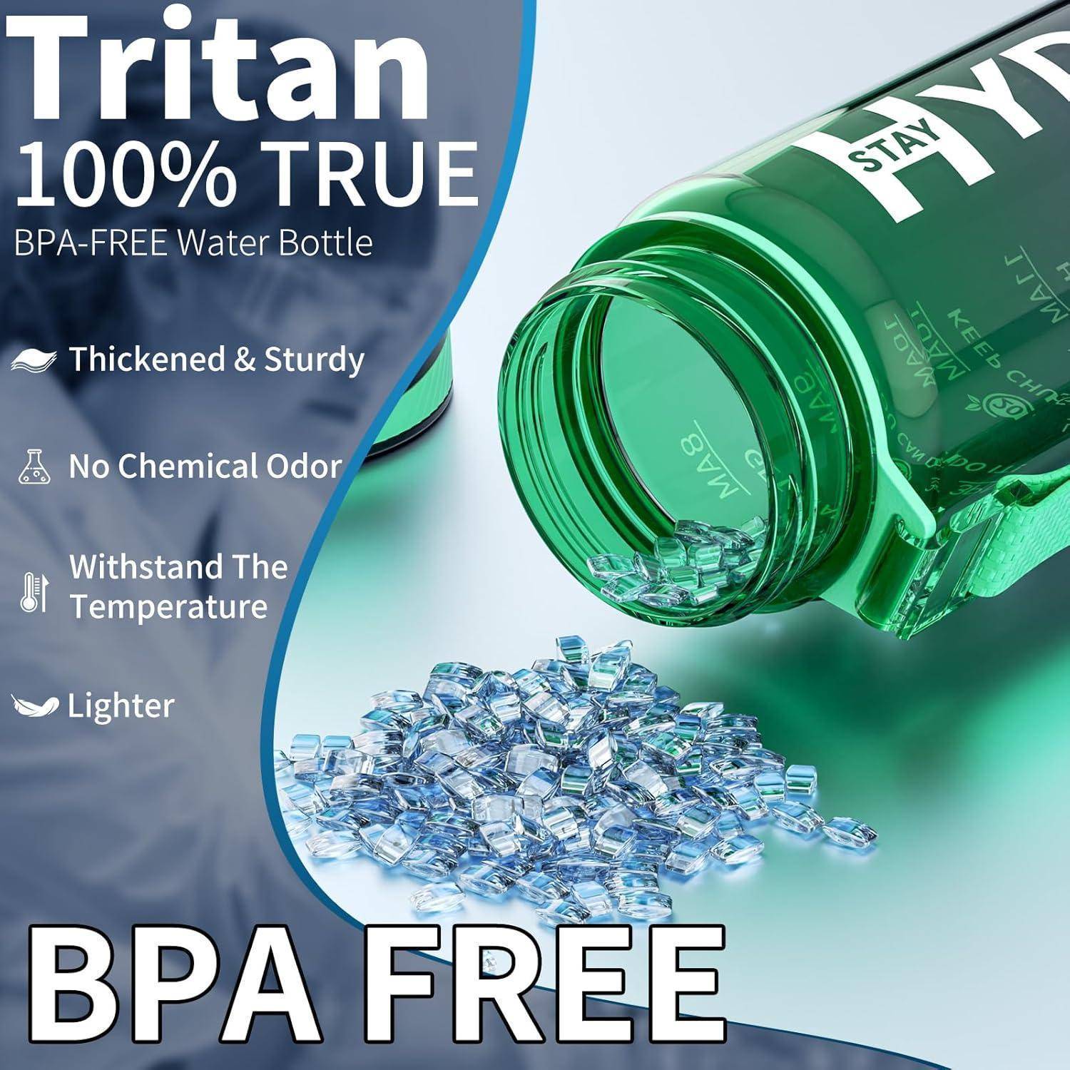 Bild einer offenen grünen Flasche, aus der Wasserkristalle austreten. Texthervorhebungen der Merkmale: Tritan BPA-frei, kein chemischer Geruch, temperatur- und stoßfest.