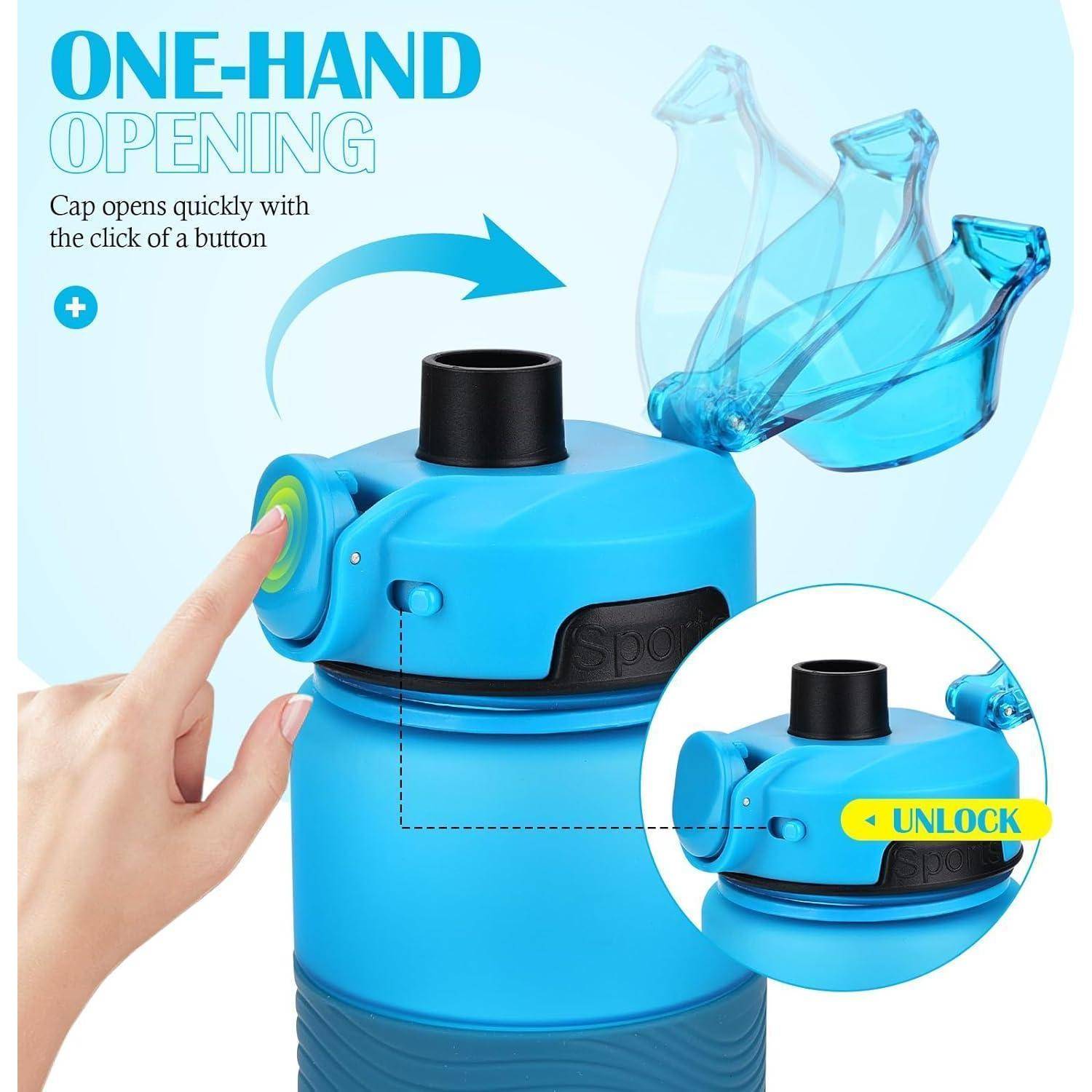 Ein Finger drückt einen Knopf auf einem blauen Flaschenverschluss und demonstriert das 