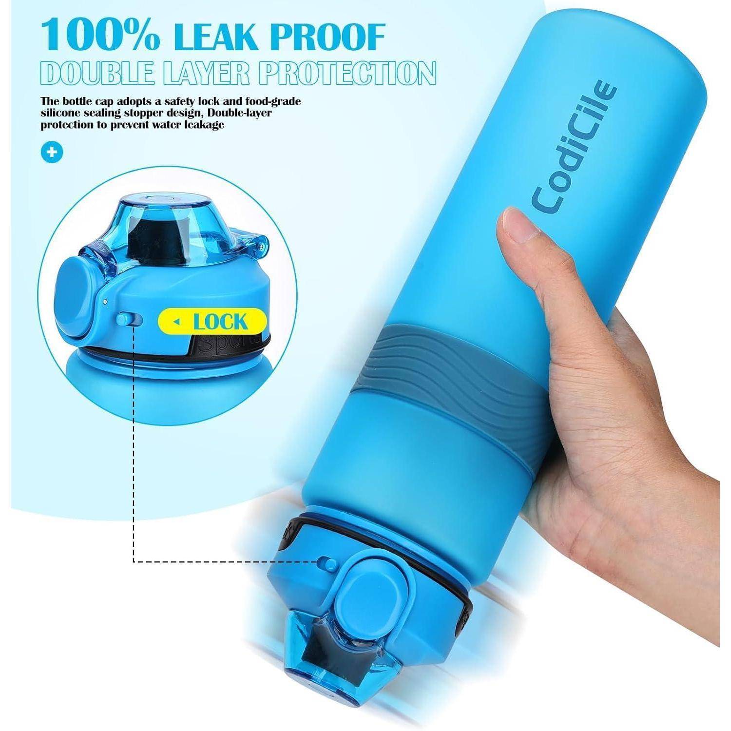 Blaue Wasserflasche mit der Aufschrift 