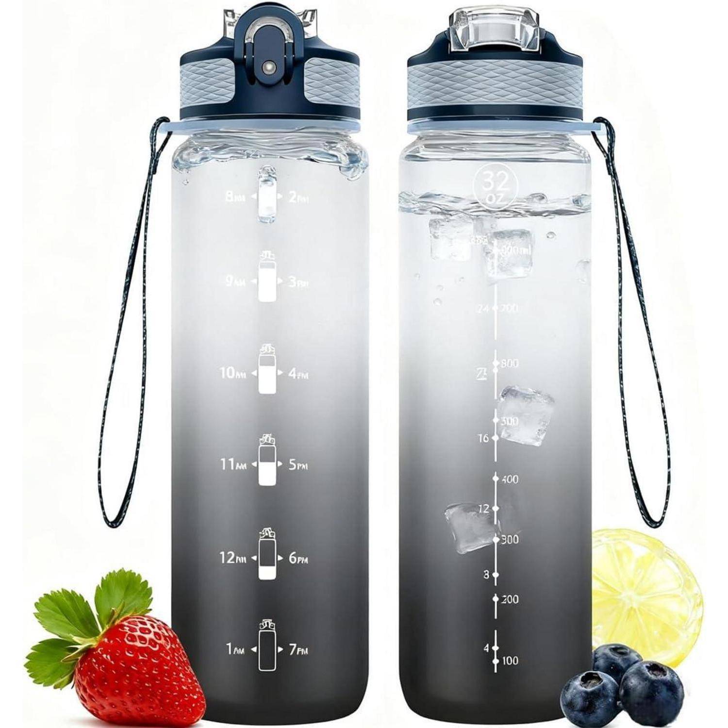 1 Liter Sport Wasserflasche mit Strohhalm und Zeitmarkierungen