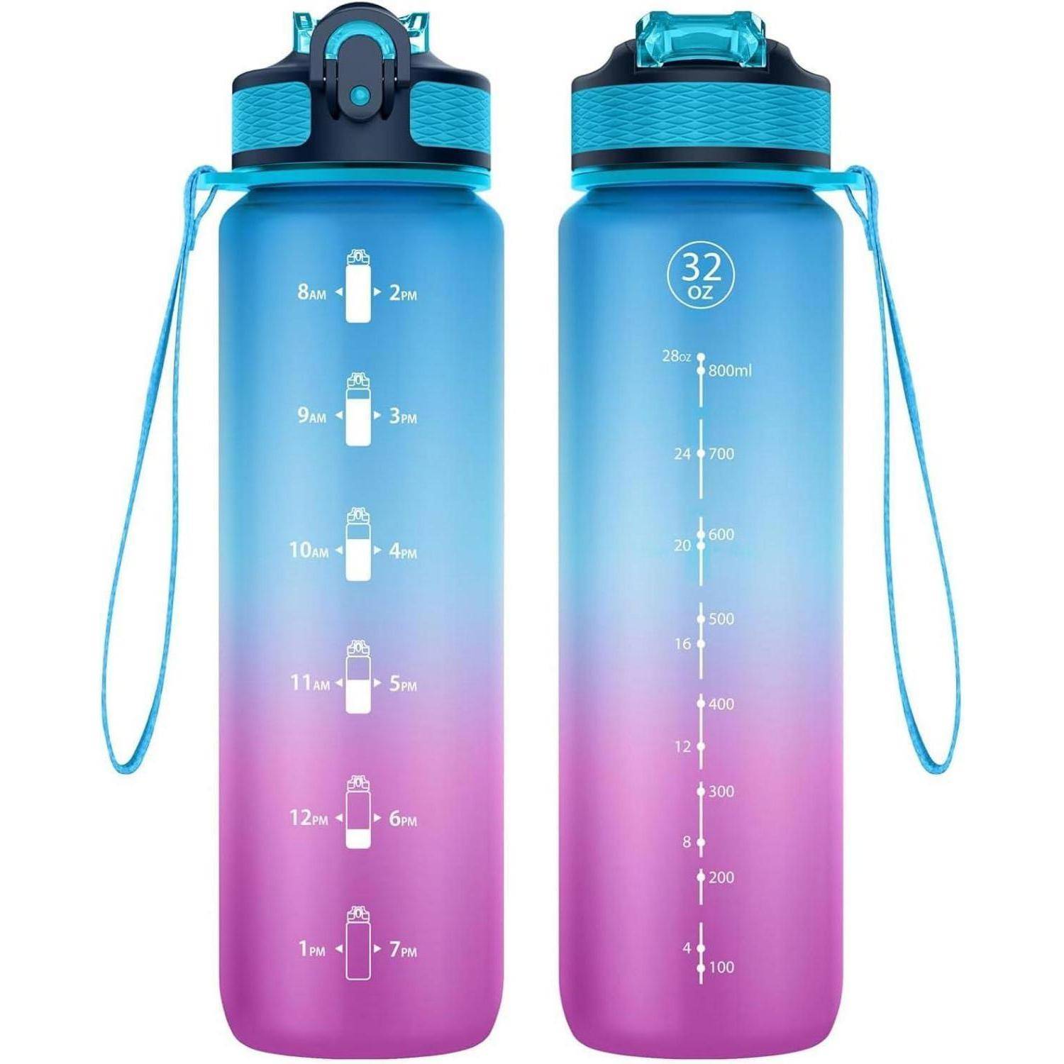 Zwei Wasserflaschen im Verlauf von Blau zu Pink mit Zeitmarkierungen für Hydrationsziele auf der linken Seite und Volumenangaben auf der rechten Seite.