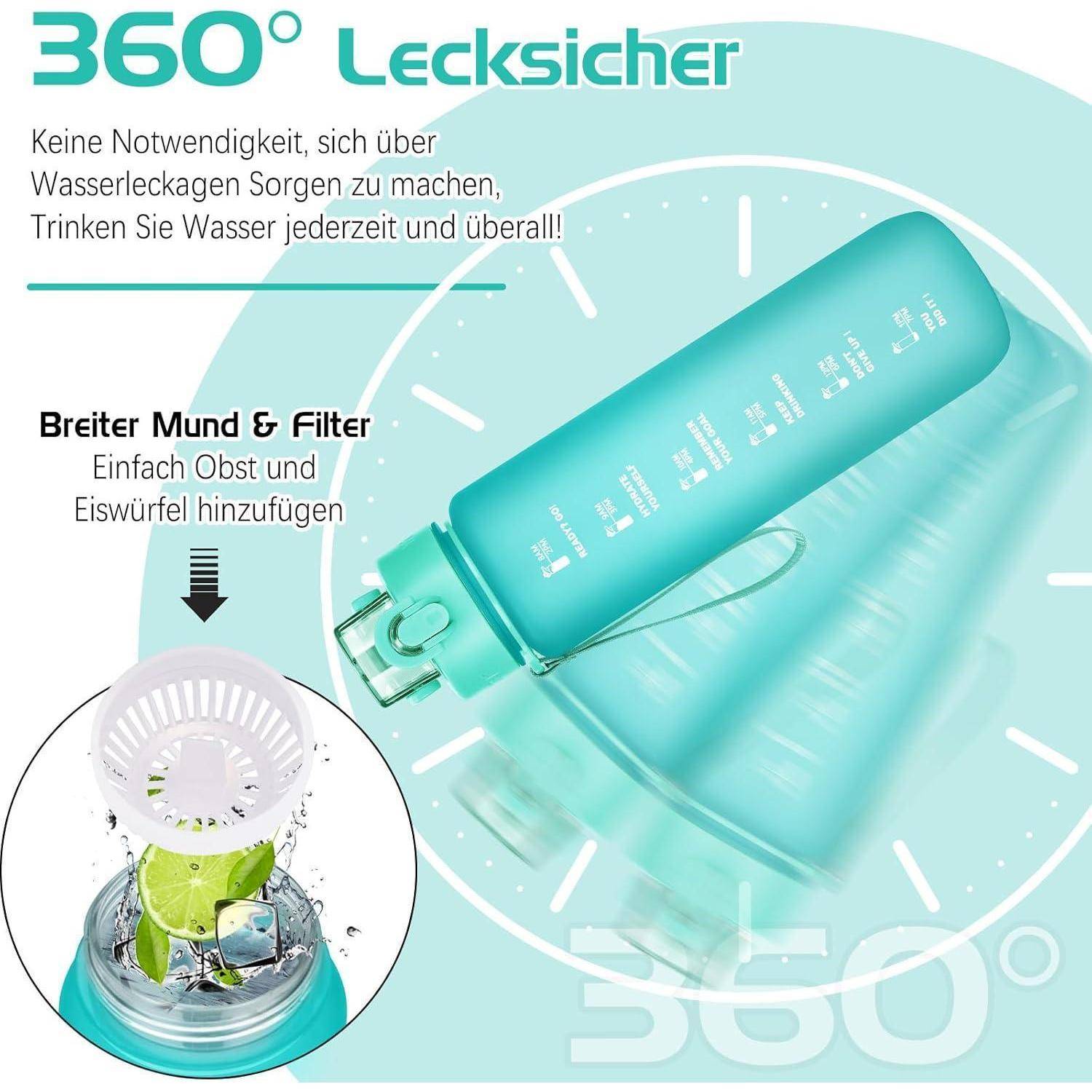 Eine türkisfarbene Wasserflasche mit großer Öffnung und einem Filter zum Hinzufügen von Obst und Eis. Der Text bewirbt ein auslaufsicheres Design für unterwegs.