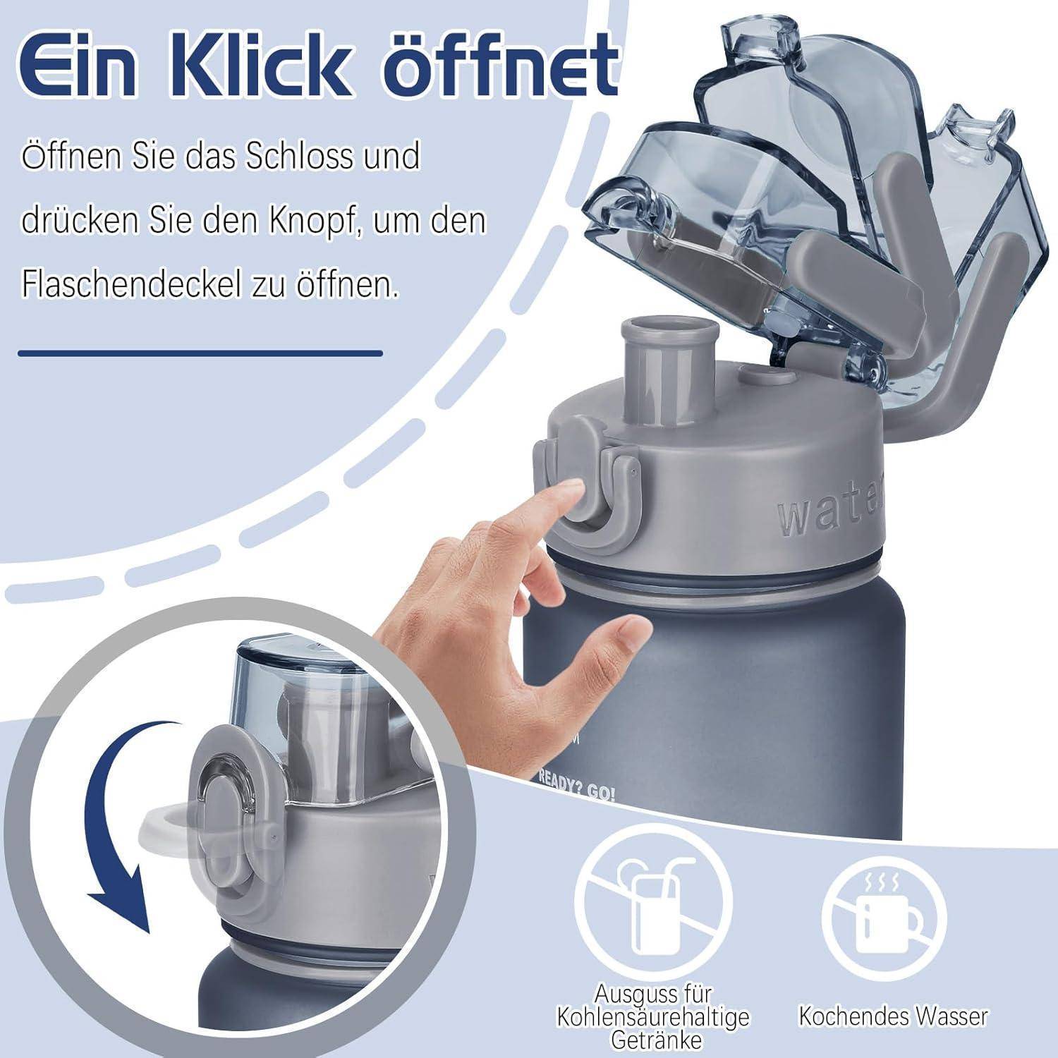 Hand drückt auf einen Knopf an einer Wasserflasche, um den Deckel zu öffnen. Text auf Deutsch erklärt den Ein-Klick-Mechanismus für einfaches Öffnen.