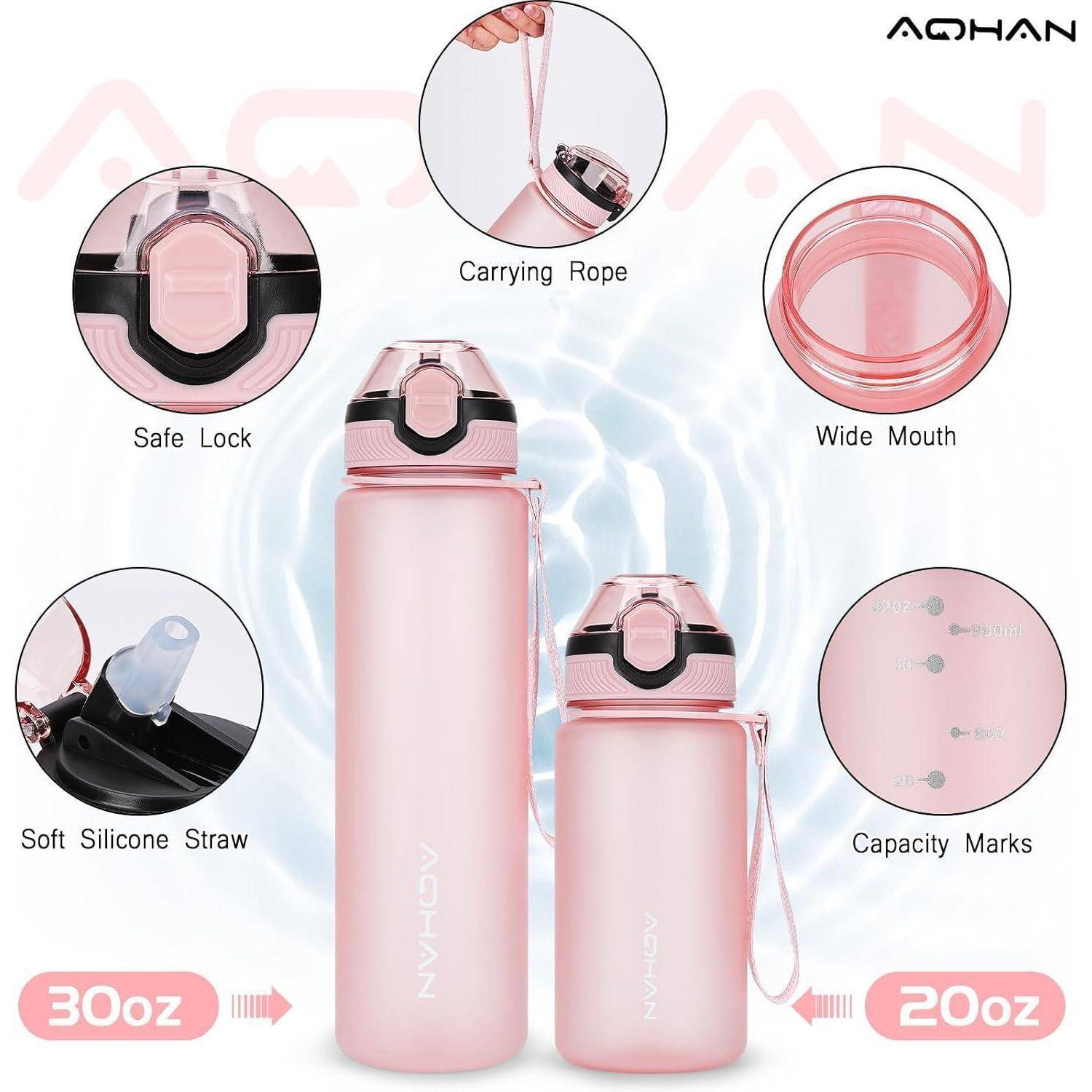 Zwei rosa Wasserflaschen mit Trageseilen werden gezeigt. Die größere Flasche fasst 30 Unzen; die kleinere 20 Unzen. Zu den Merkmalen gehören ein sicherer Verschluss, ein breiter Flaschenhals, ein weicher Silikontrinkhalm und Füllstandsmarkierungen.