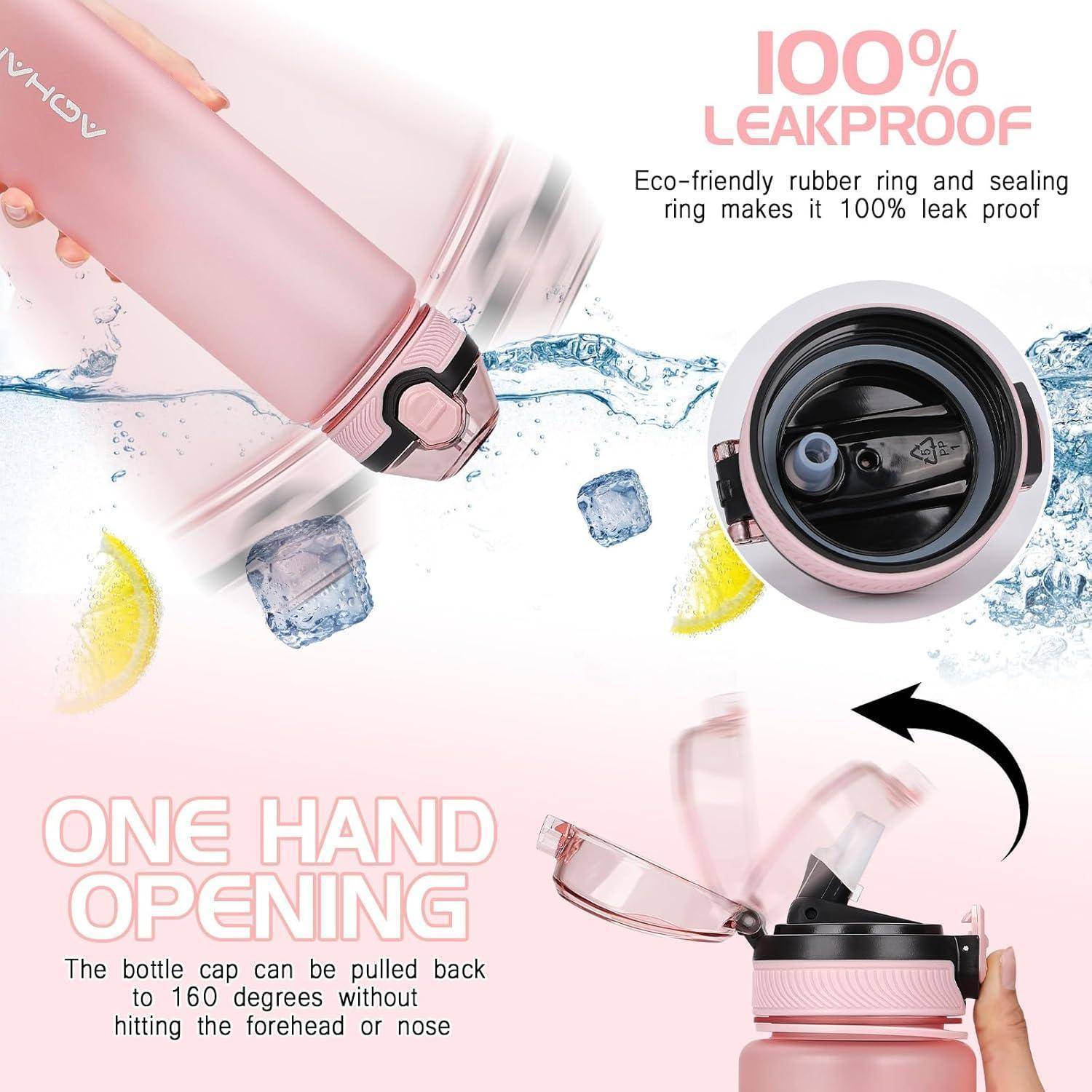 Rosa Wasserflasche mit Einhand-Öffnungsmechanismus, vollständig auslaufsicher. Umweltfreundlicher Gummiring und Dichtungsring garantieren absolute Dichtigkeit.