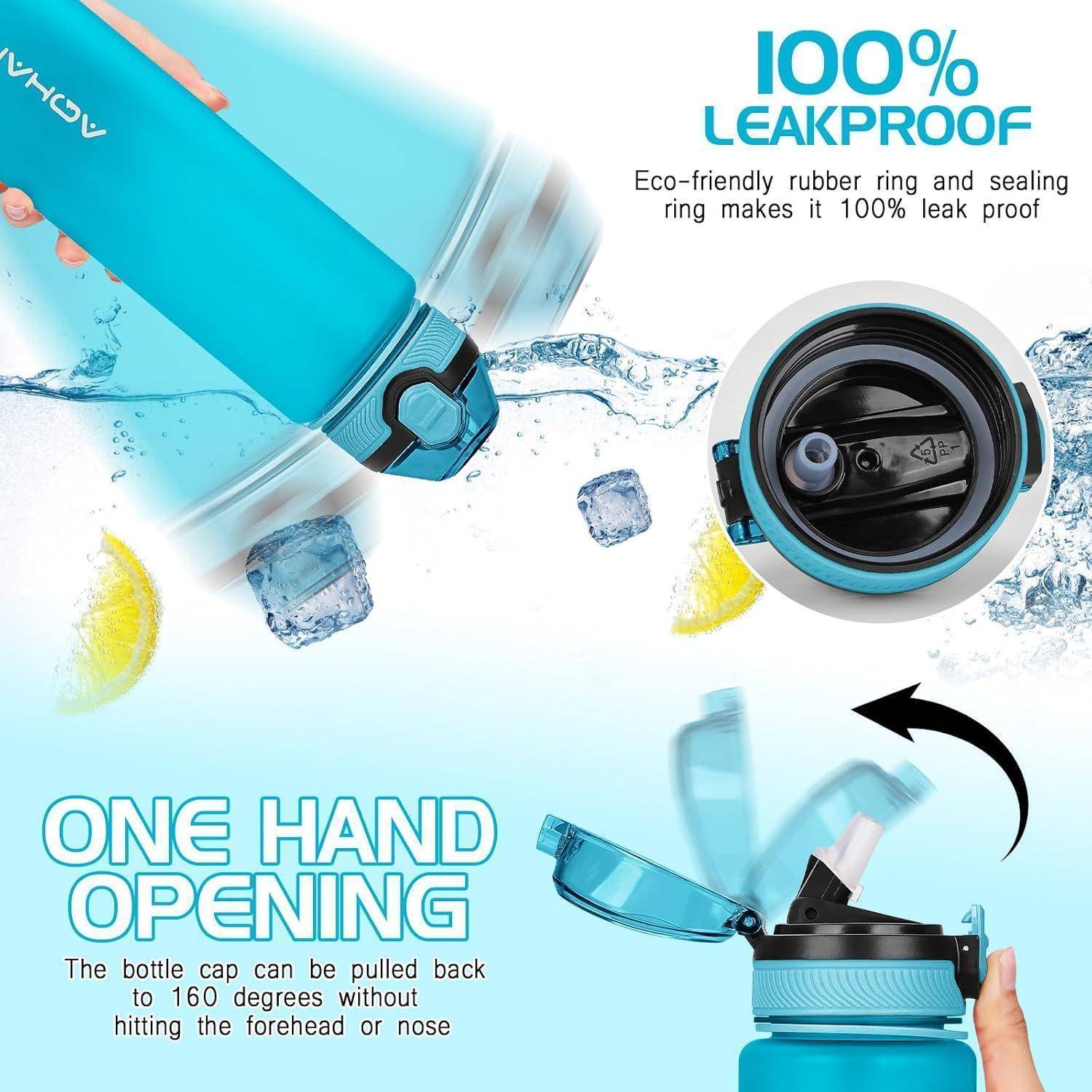 Eine blaue Wasserflasche mit der Aufschrift 