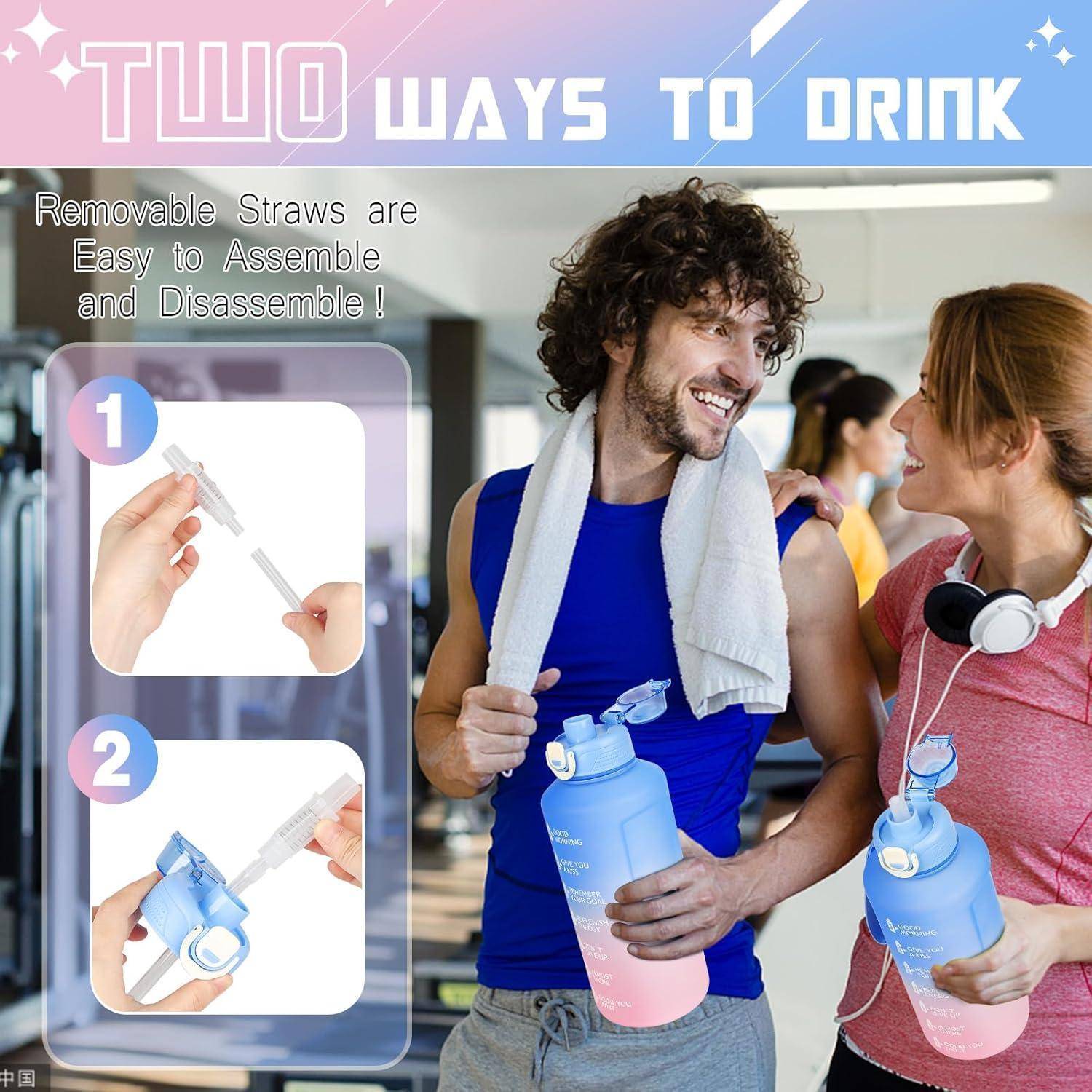 Mann und Frau im Fitnessstudio mit Wasserflaschen mit abnehmbaren Strohhalmen; Text 