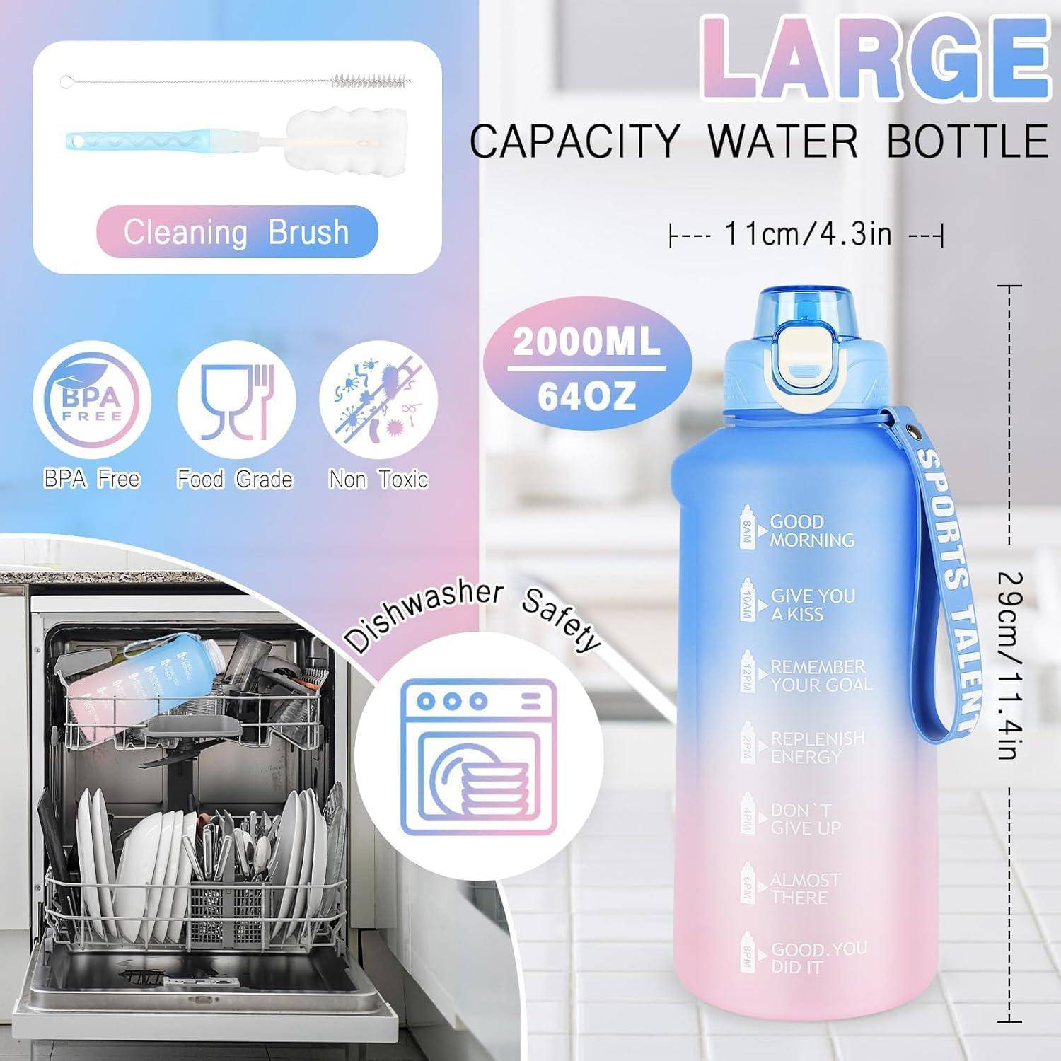 Große 2000ml Wasserflasche mit Reinigungsbürste. Merkmale umfassen BPA-frei, lebensmittelecht, nicht toxisch und spülmaschinenfest.