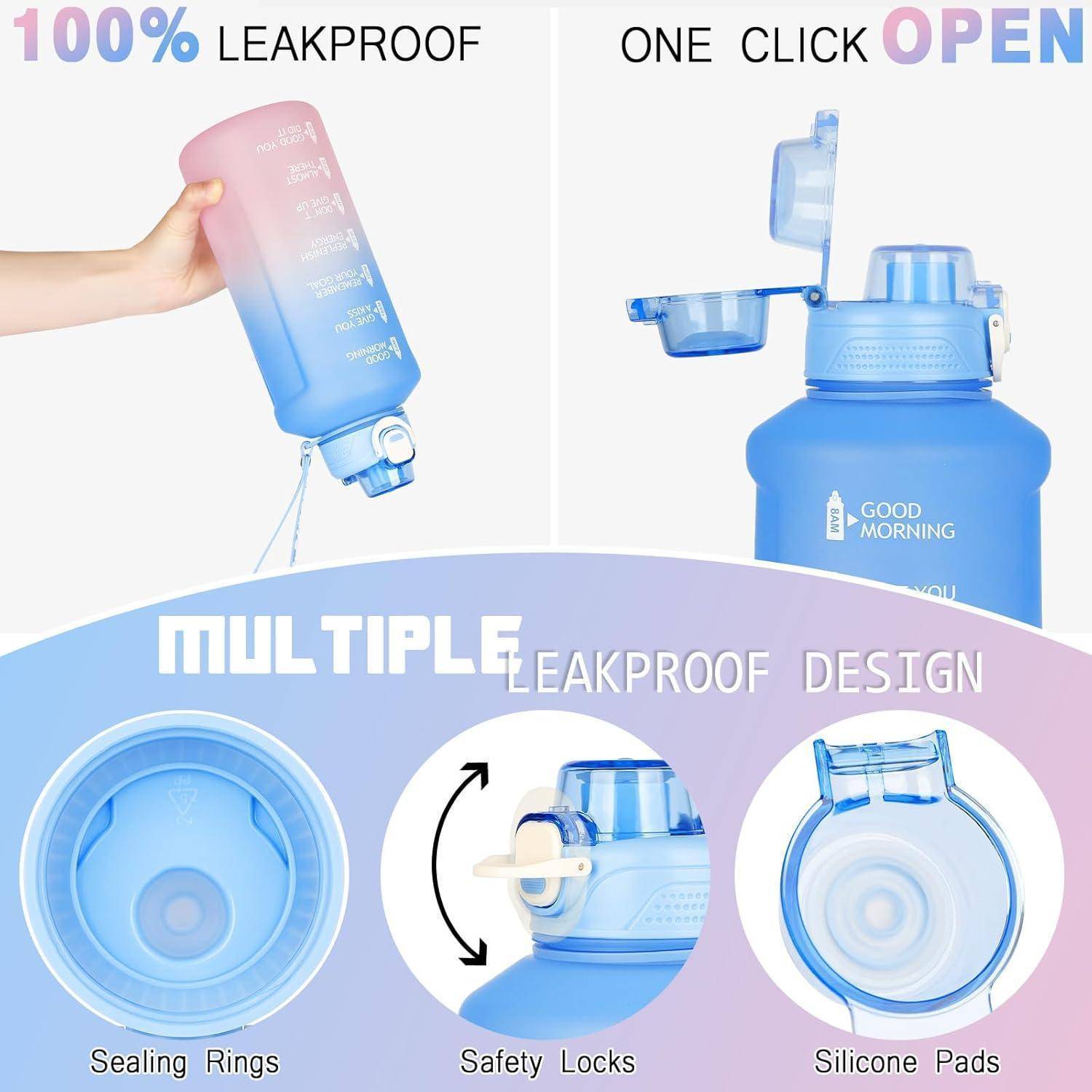100% Auslaufsicher, mit einem Klick öffnen' blaue Wasserflasche mit Dichtungsringen, Sicherheitsverriegelungen und Silikonpolstern für ein mehrfaches auslaufsicheres Design.