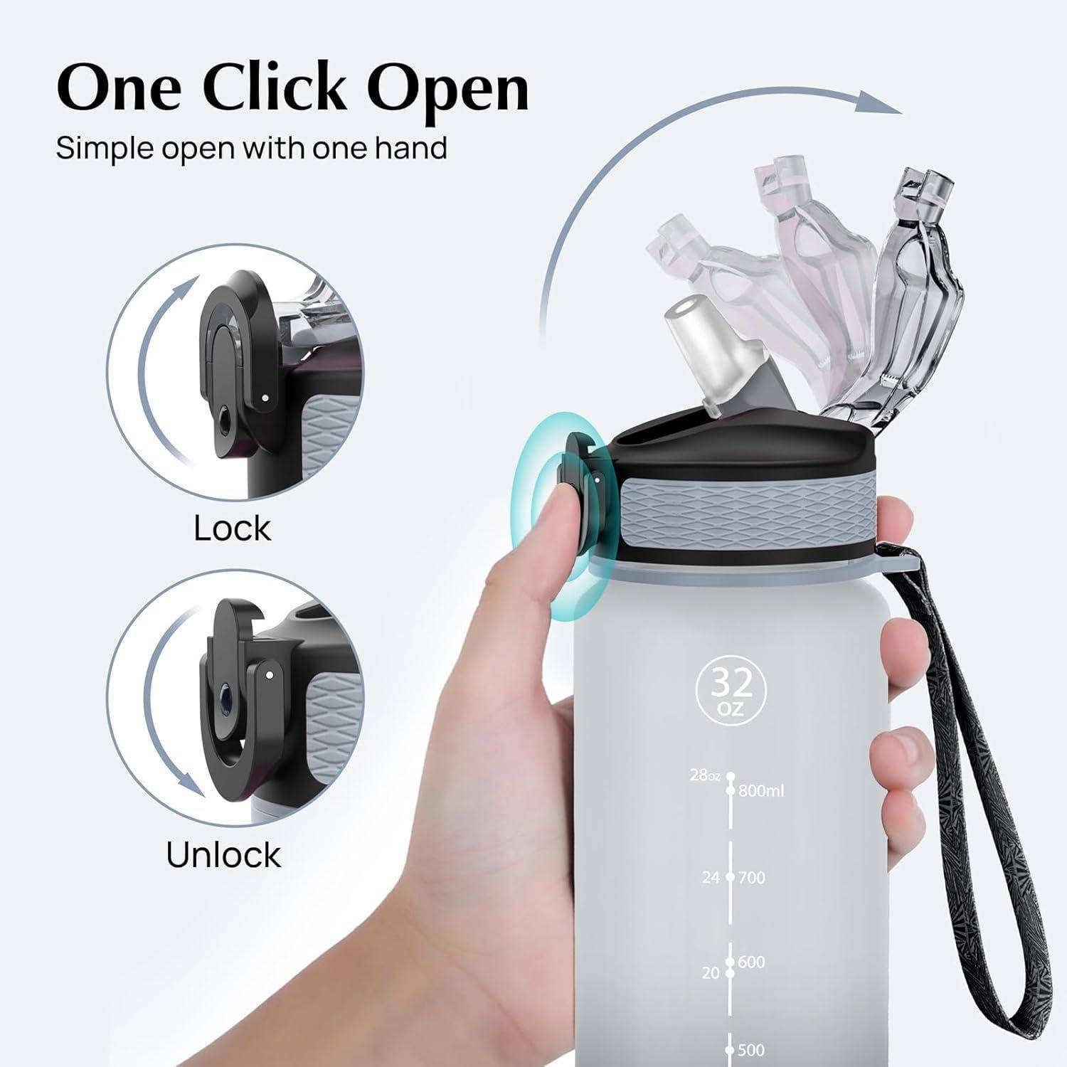 Eine 'One Click Open' Wasserflasche, die eine Hand zeigt, die den Deckel öffnet, mit einem Dreh-Verschlussmechanismus zum Verriegeln/Entriegeln und Volumenmarkierungen an der Seite.