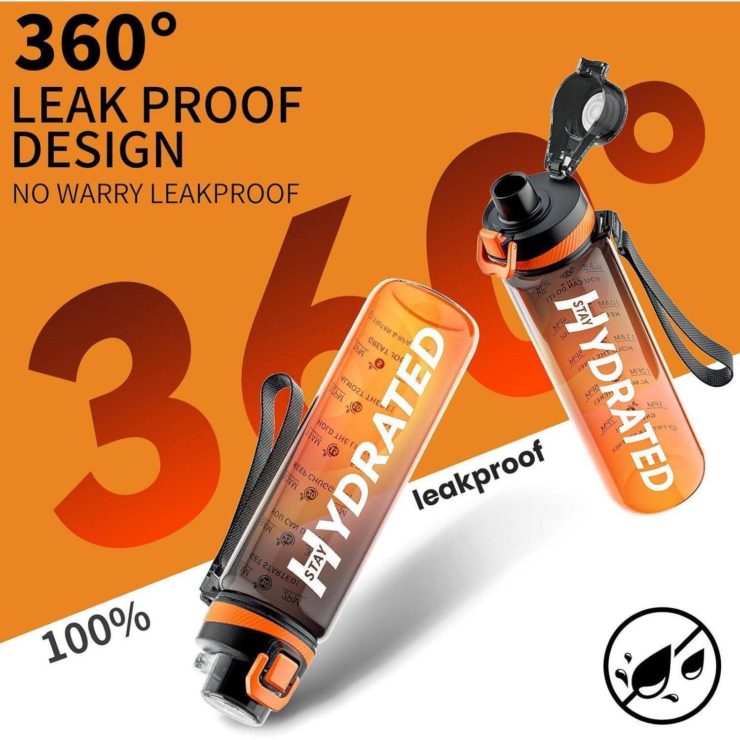 360° auslaufsichere Konstruktion' mit einem Bild einer orangefarbenen Wasserflasche mit der Beschriftung 'Bleib hydriert' und einem Klappdeckel.