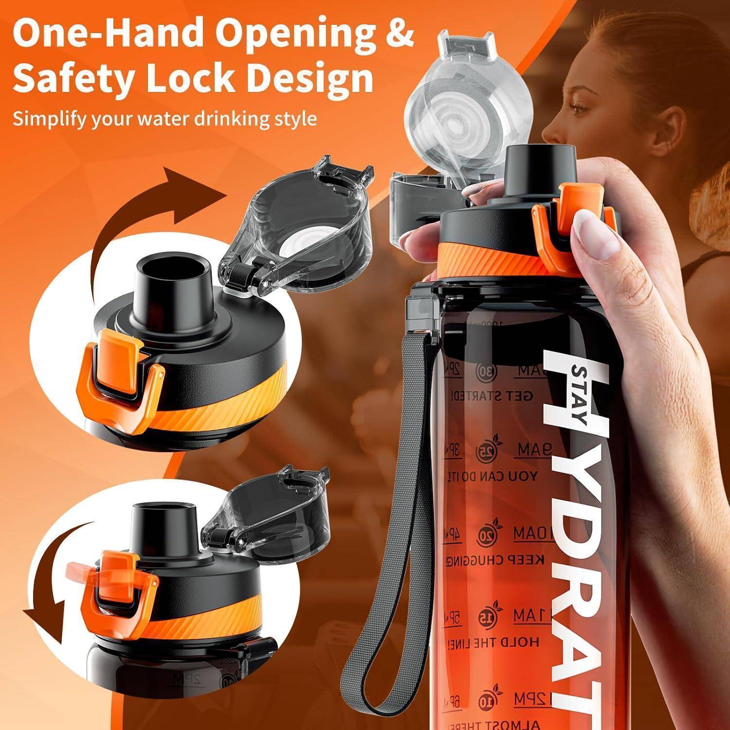 Eine Person trinkt aus einer Wasserflasche mit Einhand-Öffnung und einem Sicherheitsverschluss-Design. Text lautet: „Vereinfache deinen Wassertrinkmodus.