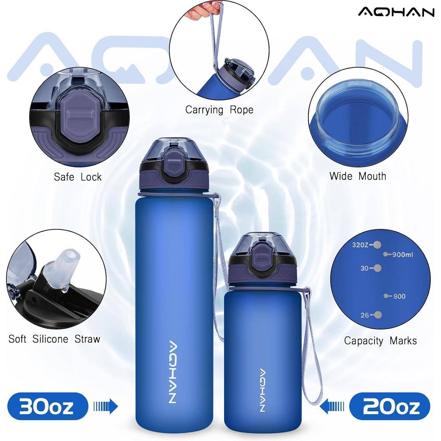 AQHAN' blaue Wasserflaschen mit sicherem Verschluss, breiter Öffnung, Tragegurt, weichem Silikonstrohhalm und markierten Kapazitäten in 30-oz- und 20-oz-Größen.
