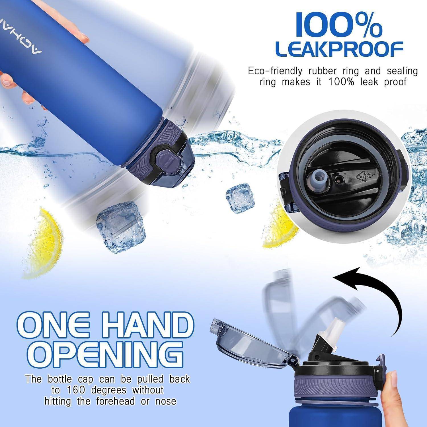 Blaue Wasserflasche mit Aufschrift '100% auslaufsicher' und 'Einhand-Öffnung', mit Eiswürfeln, die eine Verwendung für kalte Getränke andeuten. Umweltfreundlicher Gummiring und Dichtungsring hervorgehoben.