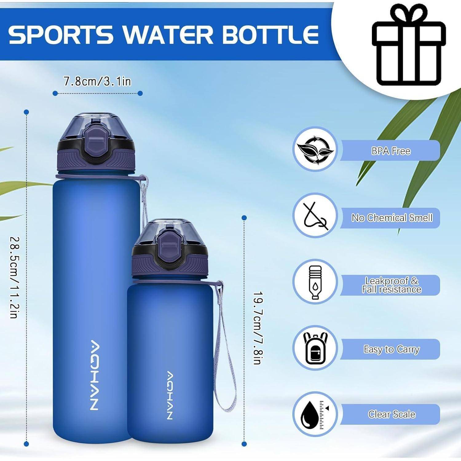 Sportliche Wasserflasche mit Maßeinteilungen. Merkmale umfassen BPA-frei, kein chemischer Geruch, auslaufsicher, leicht zu transportieren. Klare Skala für präzise Verwendung.