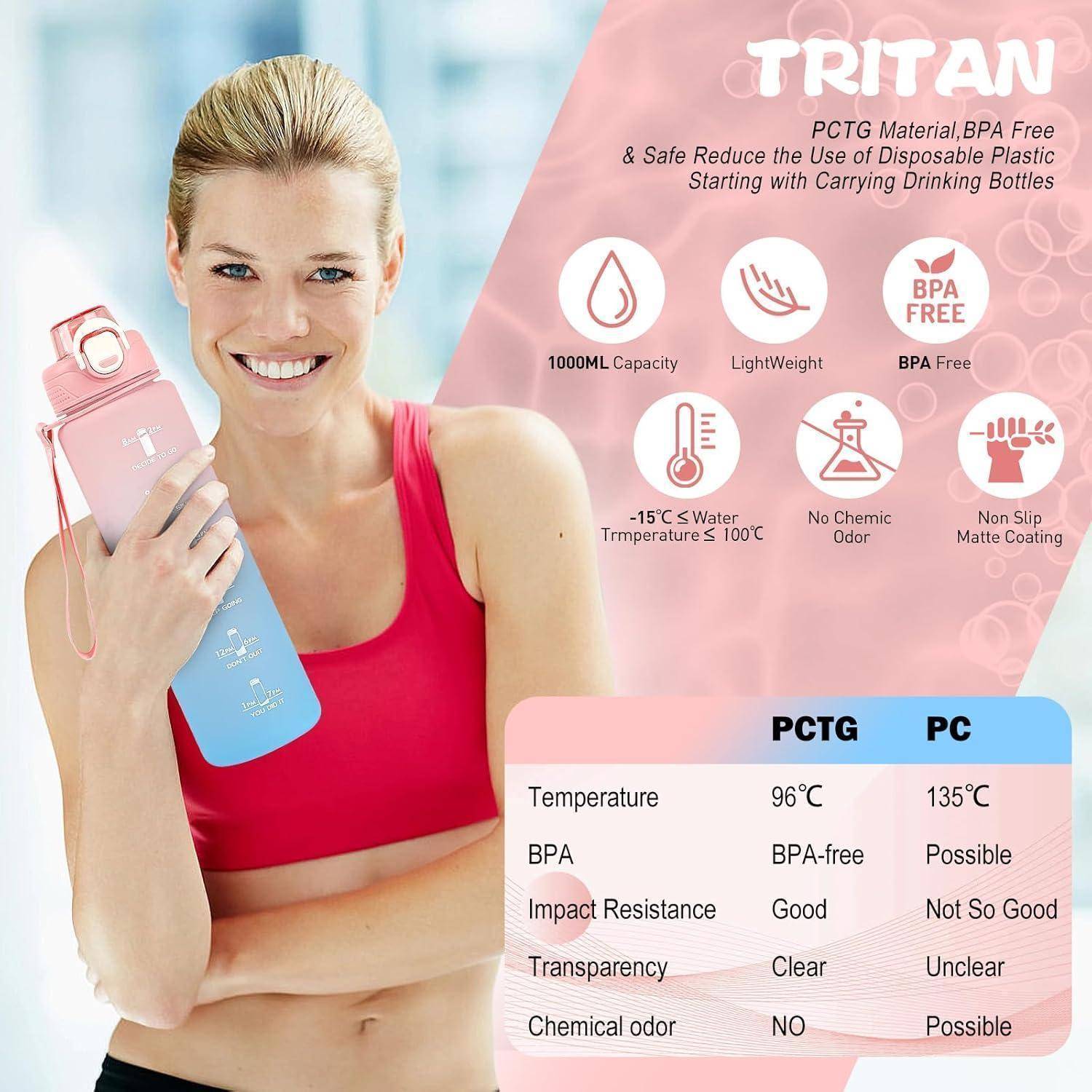TRITAN - PCTG Material, BPA-frei und sicher. 1000 ml Fassungsvermögen. Leicht, BPA-frei. Für Wasser von -15°C bis 100°C, kein chemischer Geruch, matte rutschfeste Beschichtung. Eine Frau in Sportkleidung hält eine Wasserflasche.