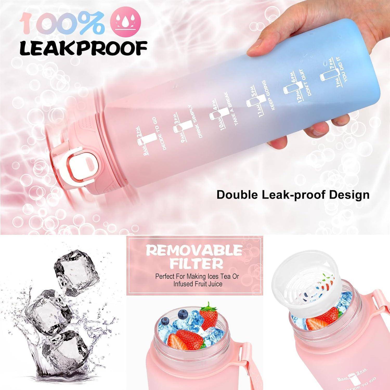 Pinke Wasserflasche mit '100% Auslaufsicher'-Aufschrift, doppelte Auslaufsicherung, herausnehmbarer Filter für Eis oder Fruchtinfusionen; inklusive Früchte.
