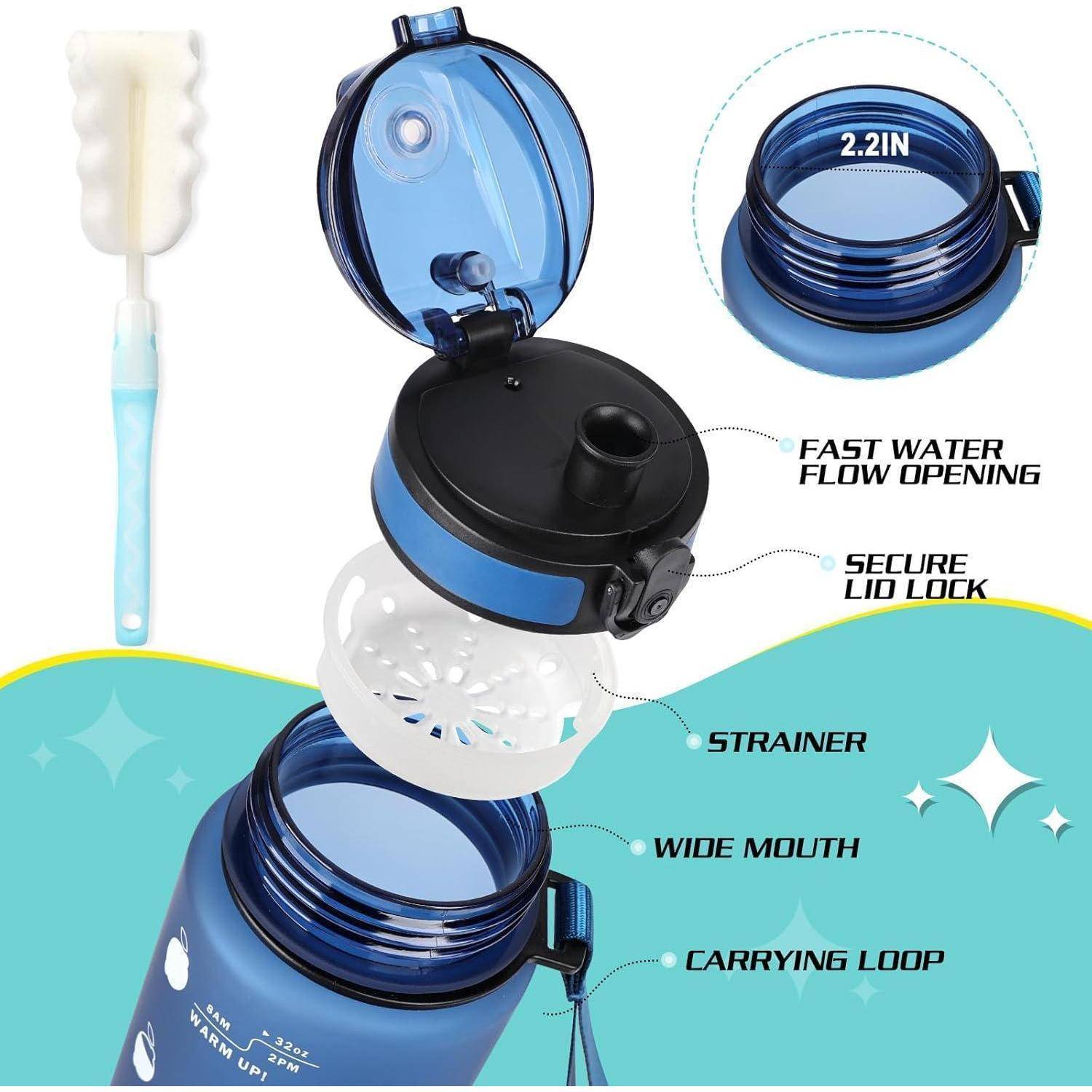 Wasserflasche Eigenschaften: schnelle Wasseröffnung, sicherer Deckel-Verschluss, herausnehmbarer Sieb, breite Öffnung und Trageschlaufe; blaue Farbe.