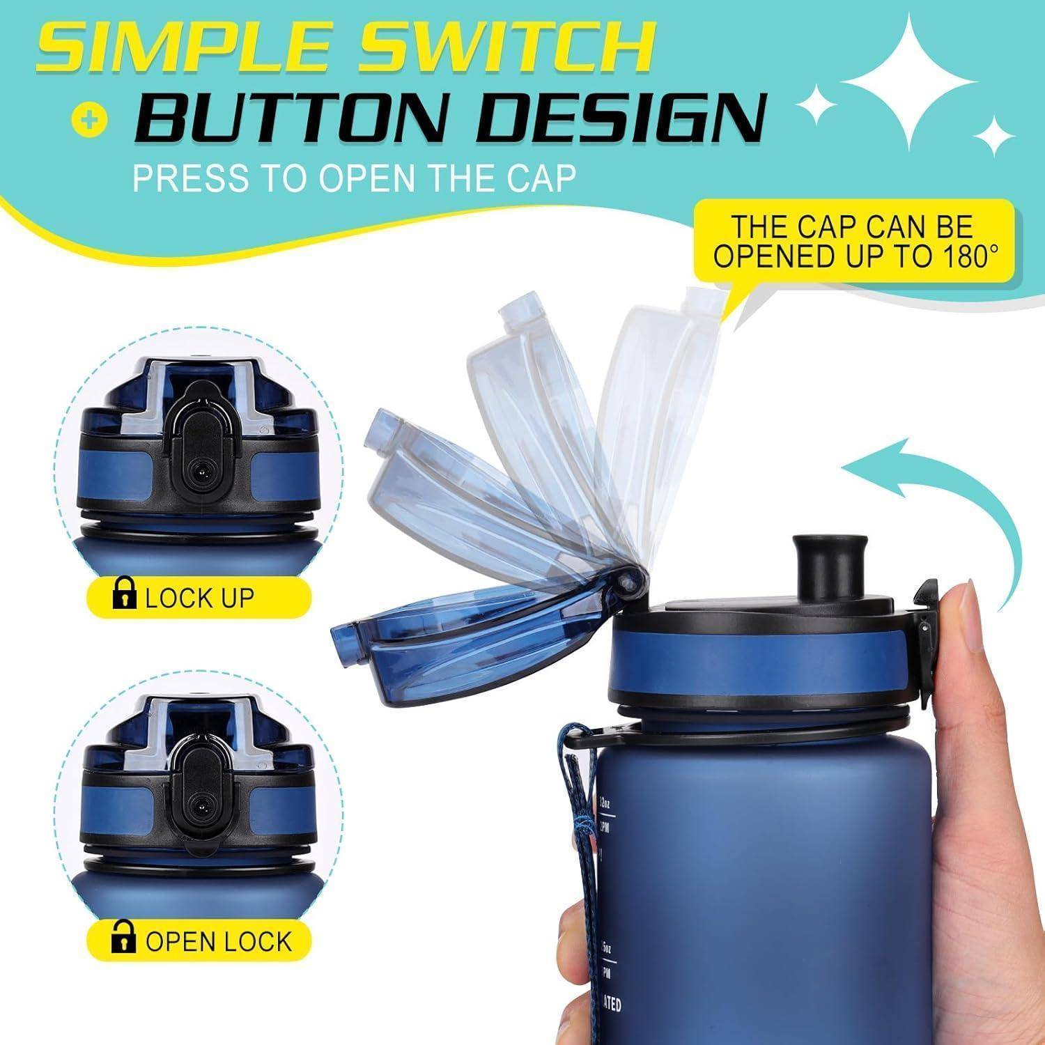 Eine blaue Wasserflasche mit einer Knopfdesign für einfaches Öffnen. Der Deckel kann bis zu 180 Grad geöffnet werden und verfügt über Schloss- und Entsperrungssymbole.