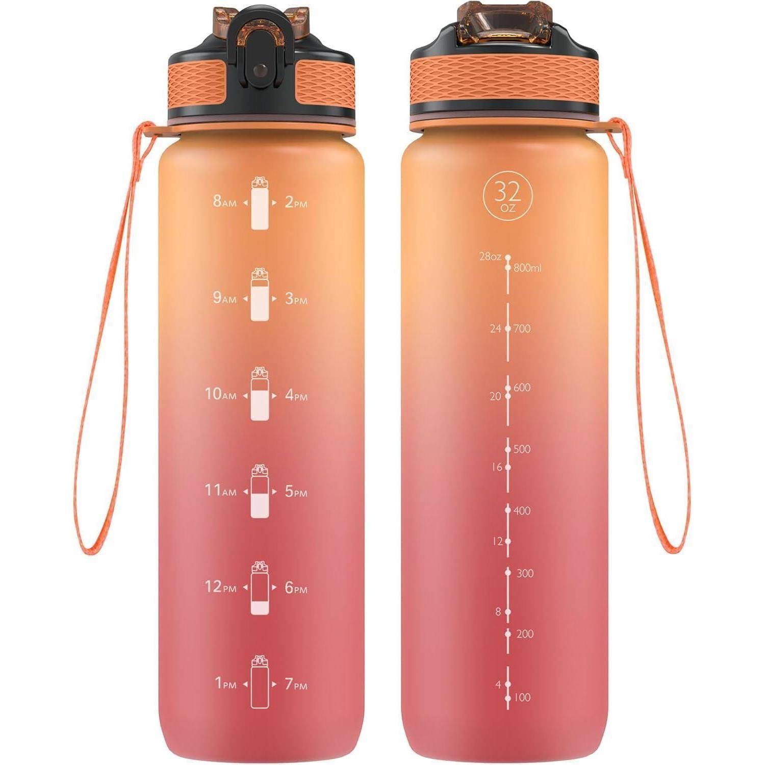Zwei Trinkflaschen mit Farbverlauf in Orange und Pink, die mit Messmarkierungen zur Volumenbestimmung in Unzen und Millilitern ausgestattet sind und für einfaches Hydratations-Tracking entwickelt wurden.