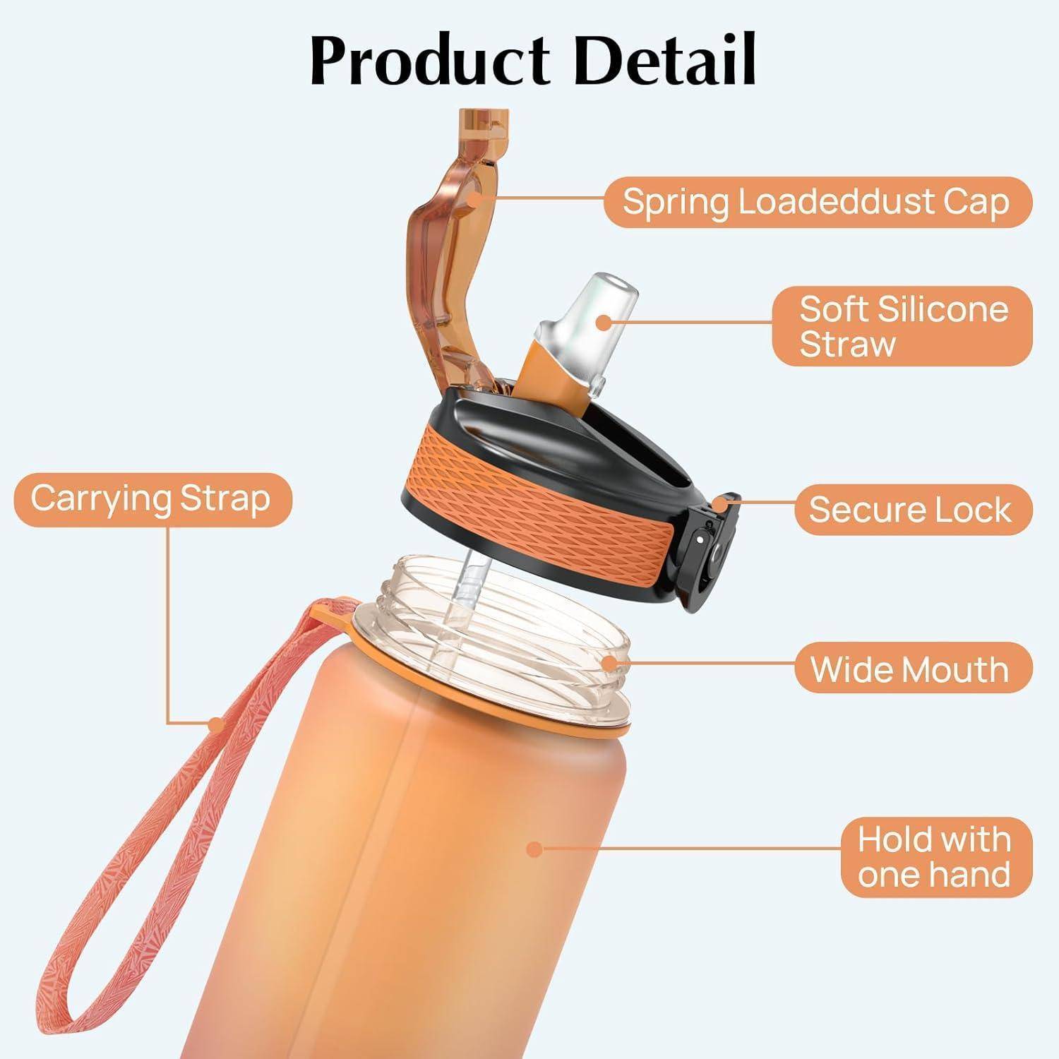 Eine orangefarbene Wasserflasche mit einem federbelasteten Verschluss, weichem Silikontrinkhalm, Trageriemen, breiter Öffnung und Griffbügel für einfaches Halten.