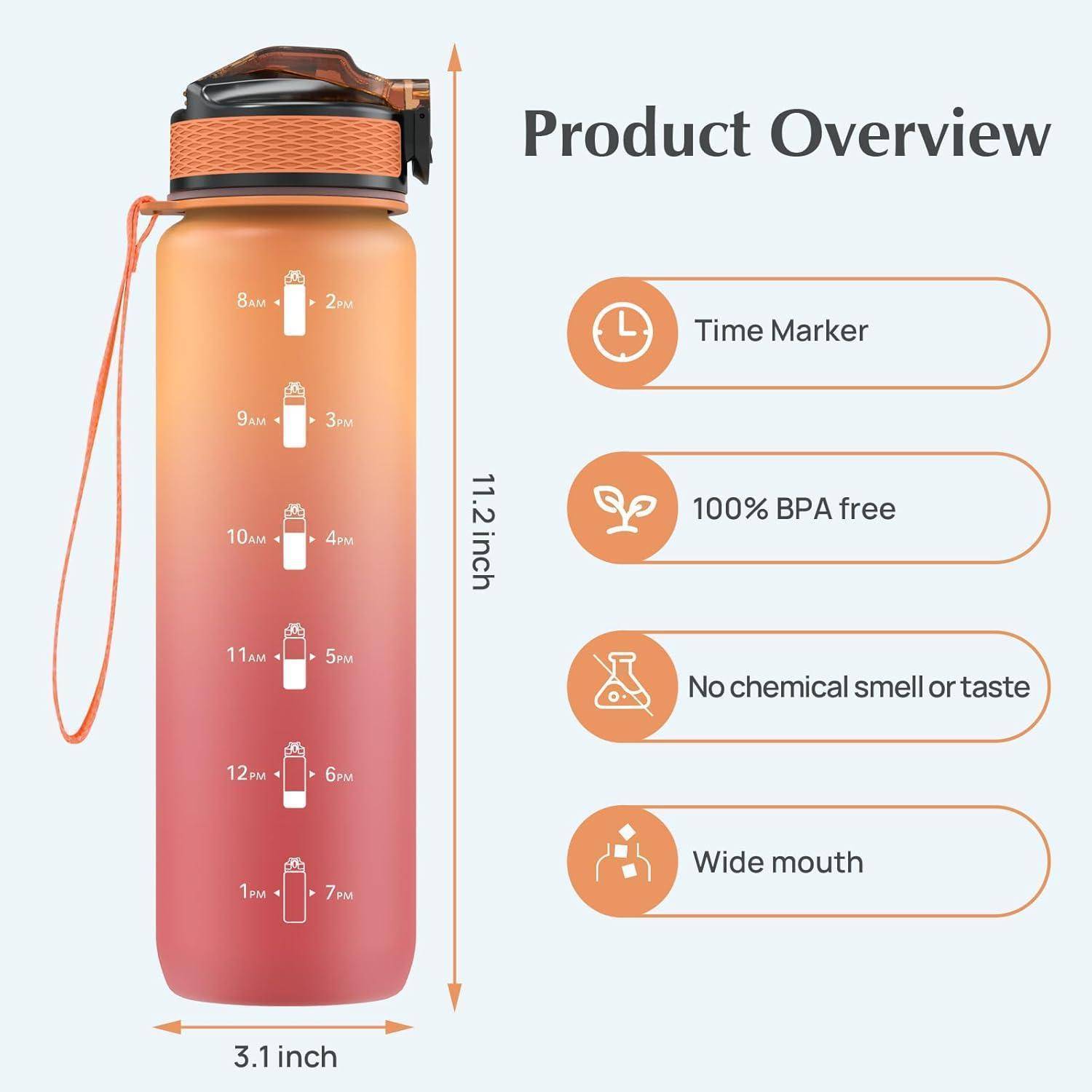 Produktübersicht': Bild einer orangefarbenen Verlaufswasserflasche mit Zeitmarkierungen. Eigenschaften: 100% BPA-frei, kein chemischer Geruch oder Geschmack, große Öffnung. Größe: 11,2 x 3,1 Zoll.