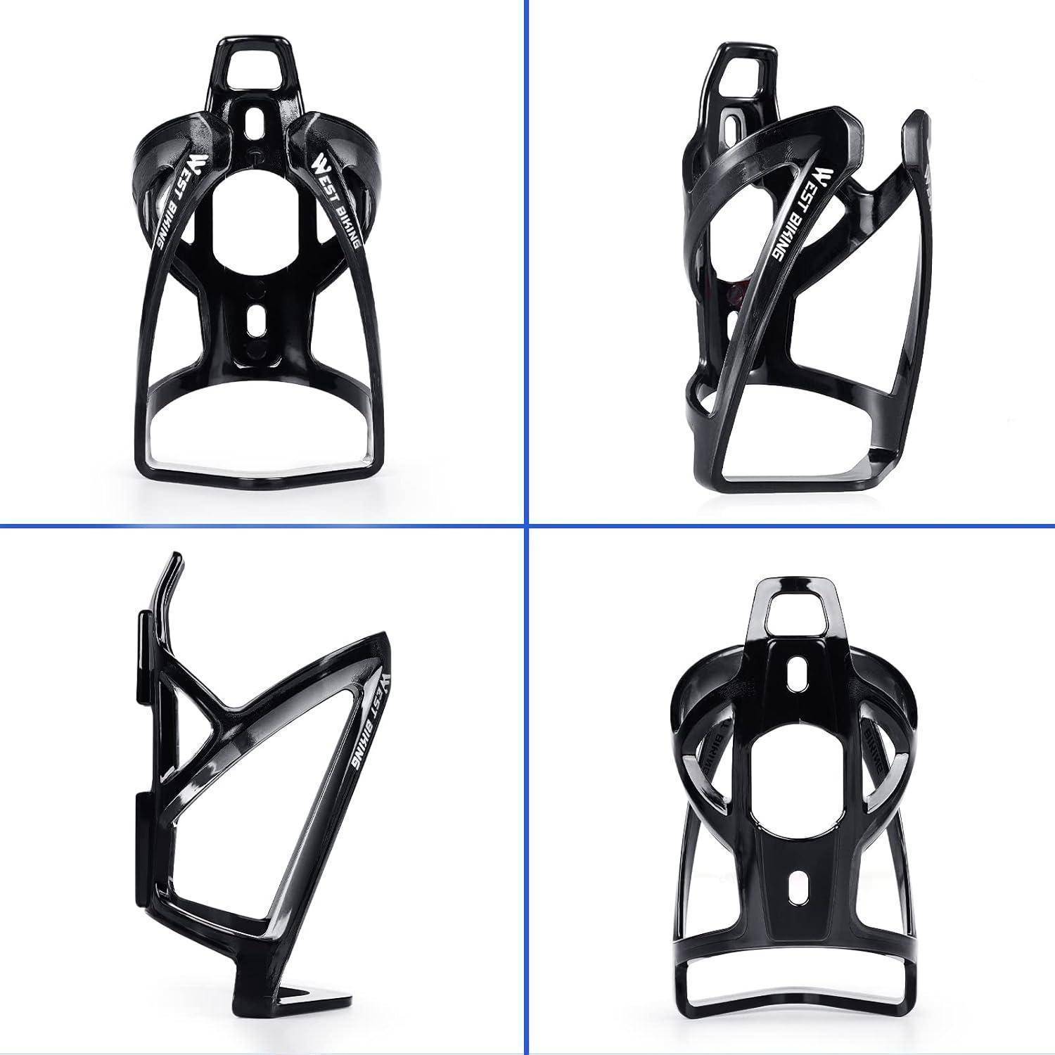 Vier schwarze Flaschenhalter für Fahrräder, aus verschiedenen Blickwinkeln dargestellt.