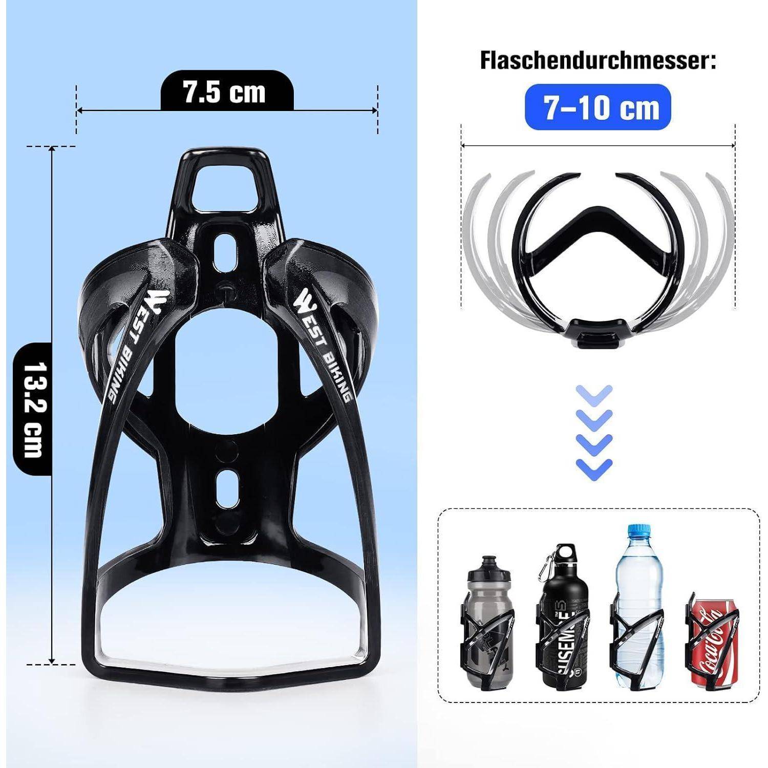 Schwarzer Fahrrad-Flaschenhalter mit blauem Text 'Flaschendurchmesser: 7-10 cm'. Abbildung zeigt Maße: 7,5 cm breit, 13,2 cm hoch. Geeignet für verschiedene Flaschen, wie unten dargestellt, einschließlich Sport- und Wasserflaschen.
