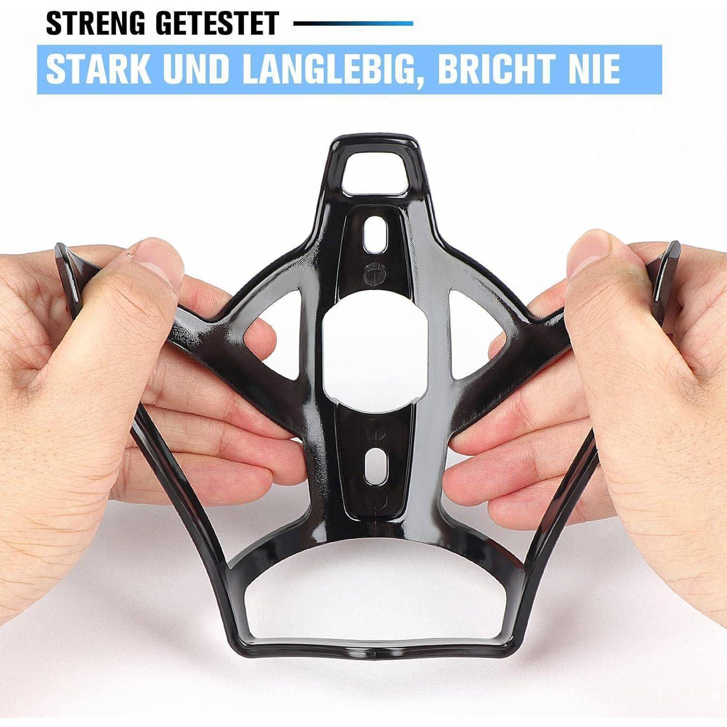 Zwei Hände halten einen schwarzen Metallflaschenhalter. Deutscher Text lautet: 