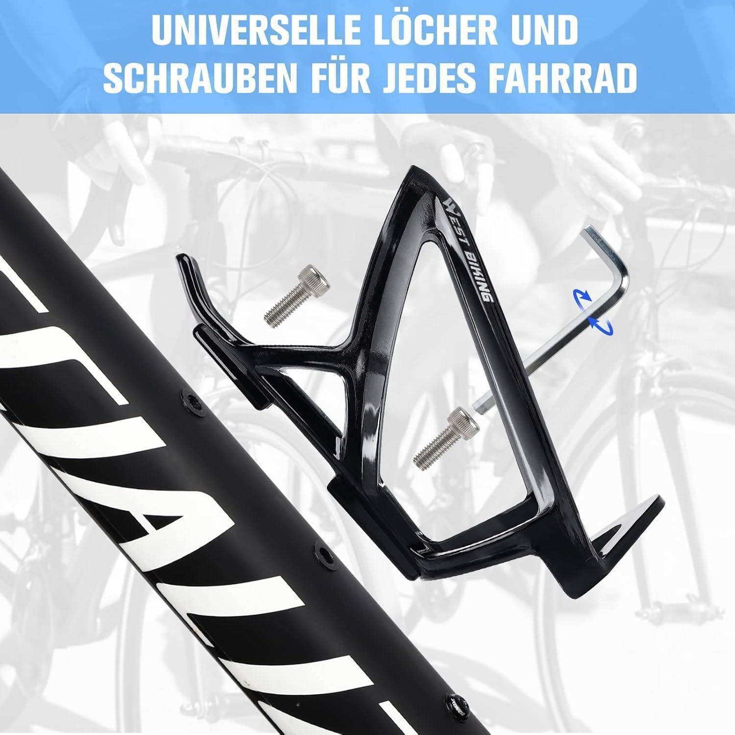 Fahrrad mit einem schwarzen Flaschenhalter, der am Rahmen montiert ist, zusammen mit Schrauben und einem Inbusschlüssel. Text auf Deutsch über universelle Kompatibilität.