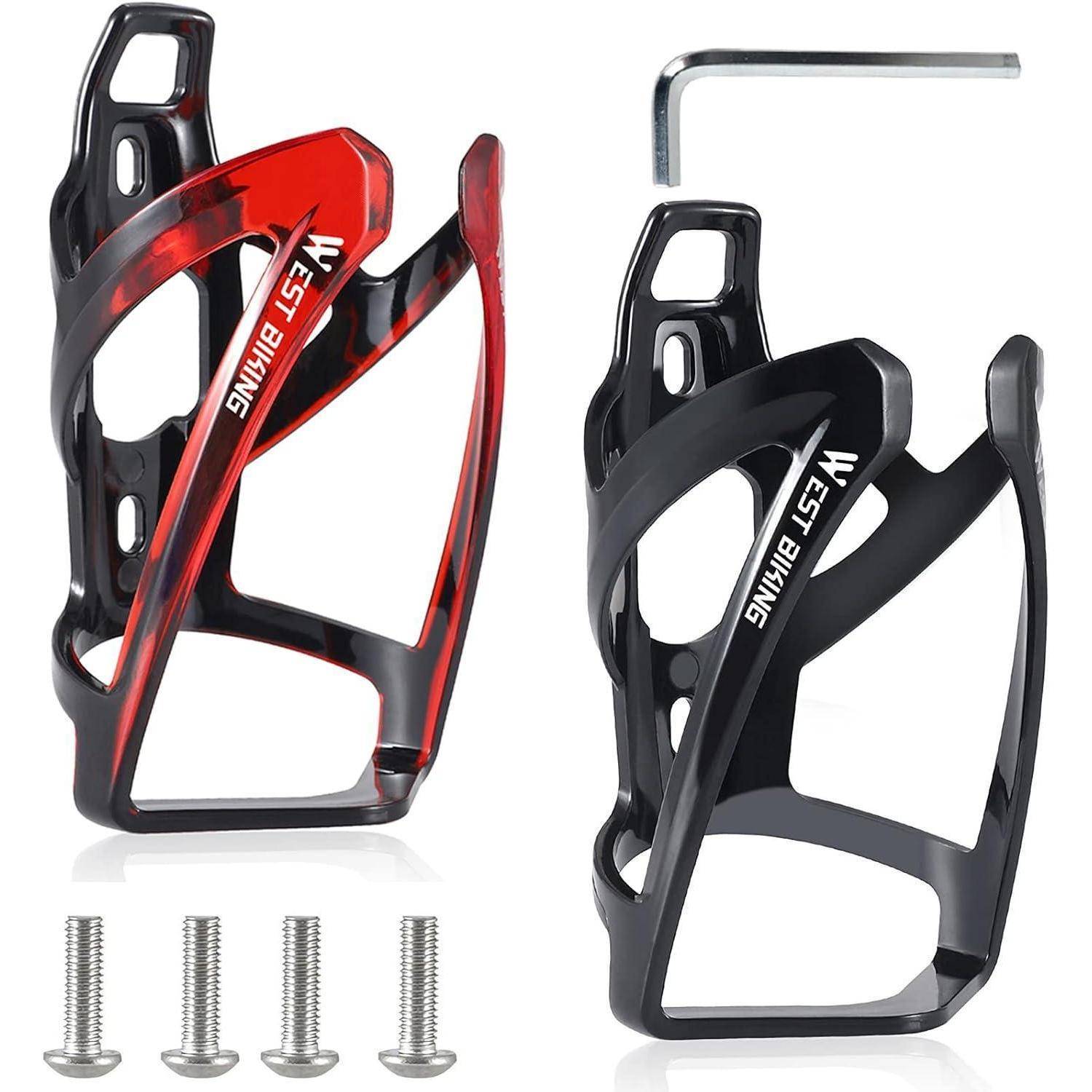 Zwei Fahrrad-Wasserflaschenhalter in Rot und Schwarz, jeweils mit einem Innensechskantschlüssel und zwei Schrauben.