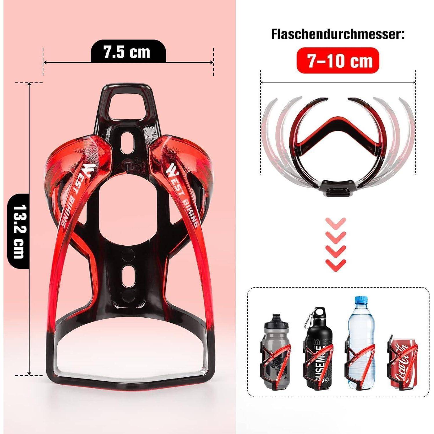 Rot-schwarzer, verstellbarer Fahrrad-Flaschenhalter mit Maßen: Höhe 13,2 cm, Breite 7,5 cm. Passt für Flaschengrößen von 7-10 cm Durchmesser.