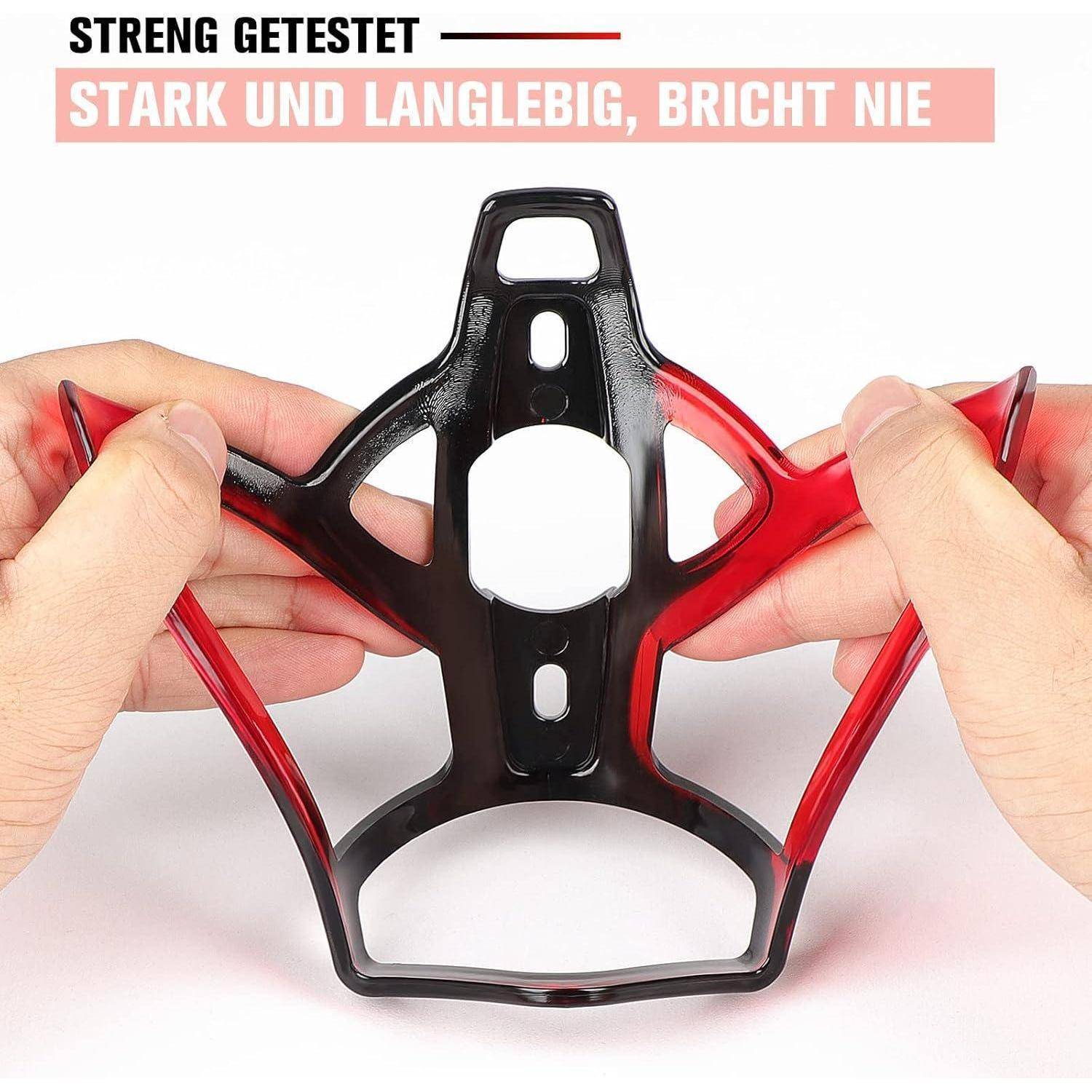 Eine Person hält einen roten und schwarzen robusten Flaschenhalter und demonstriert dessen Flexibilität. Der Text lautet: 'Stark und langlebig, bricht nie'.